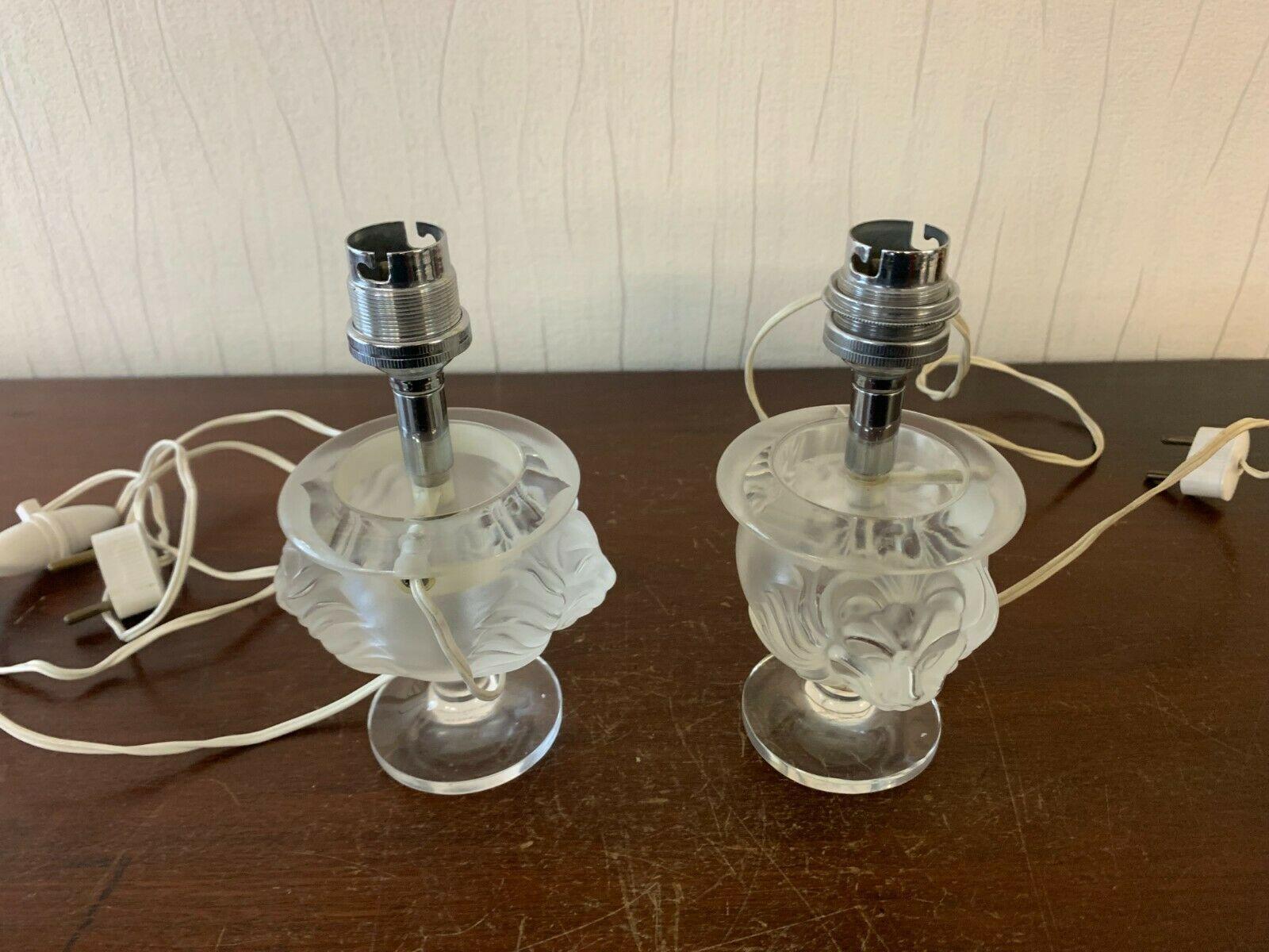Hollywood Regency Pair French Regency 1940's Signed Lalique Art Glass Table Lamps w/ Lion Masks For Sale
