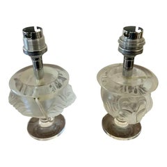 Pair French Regency 1940's Signed Lalique Art Glass Table Lamps w/ Lion Masks