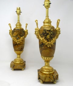 Pair French Regency Giallo Sienna Marble Gilt Bronze Ormolu Electric Table Lamps