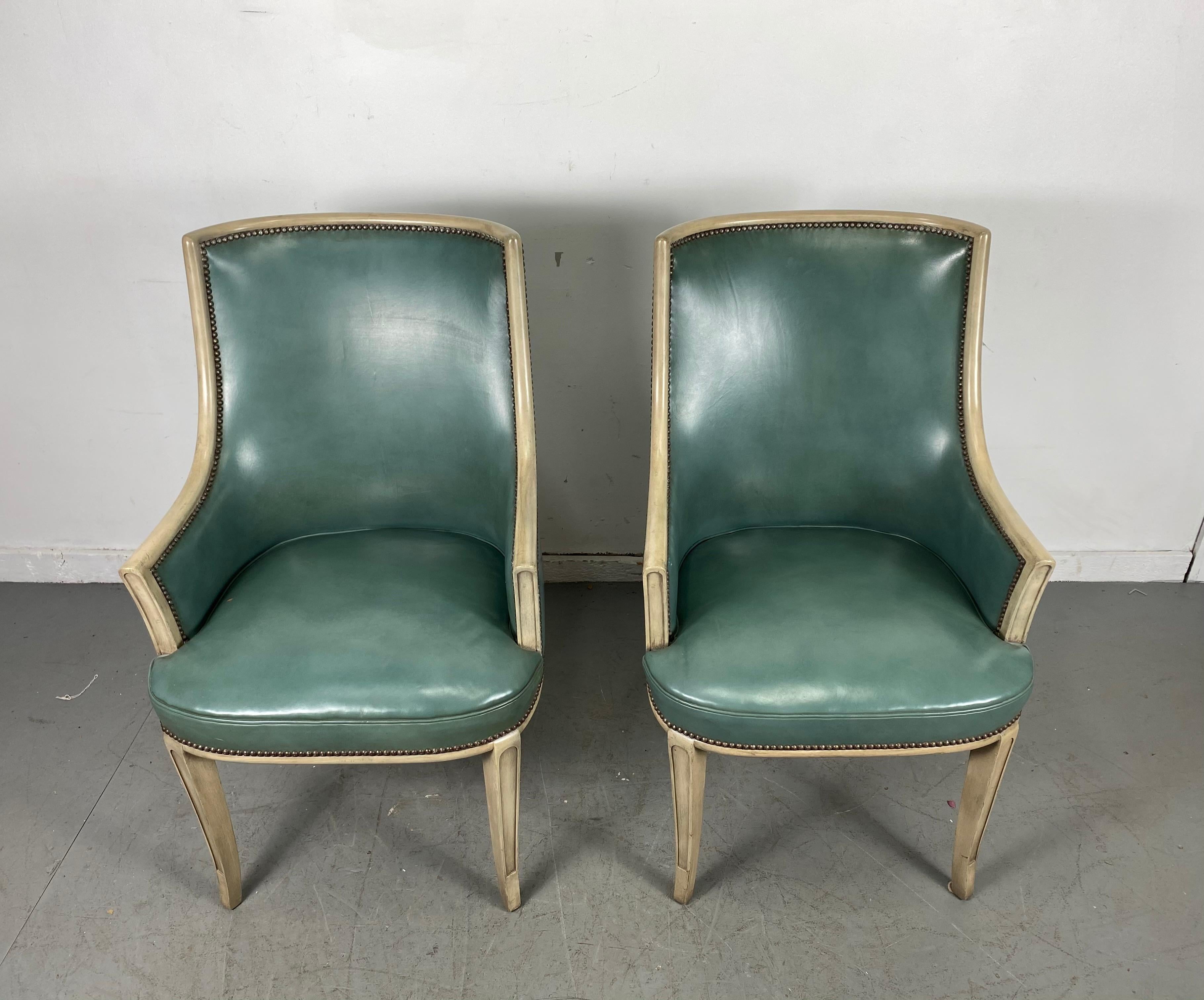 Hollywood Regency Pair of Regency Leather Arm / Lounge Chairs, Attributed to Baker Furniture Co