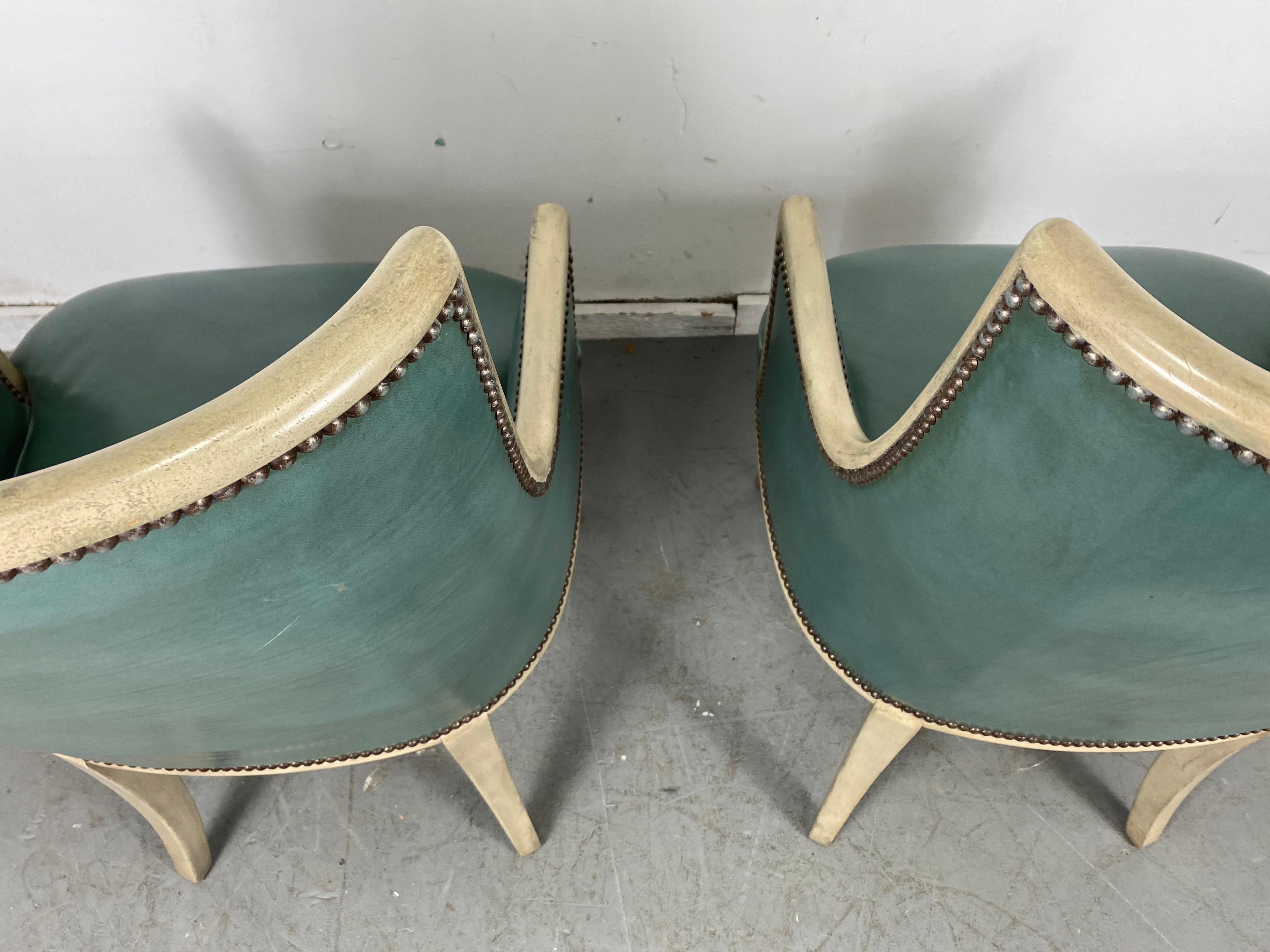 Mid-20th Century Pair of Regency Leather Arm / Lounge Chairs, Attributed to Baker Furniture Co