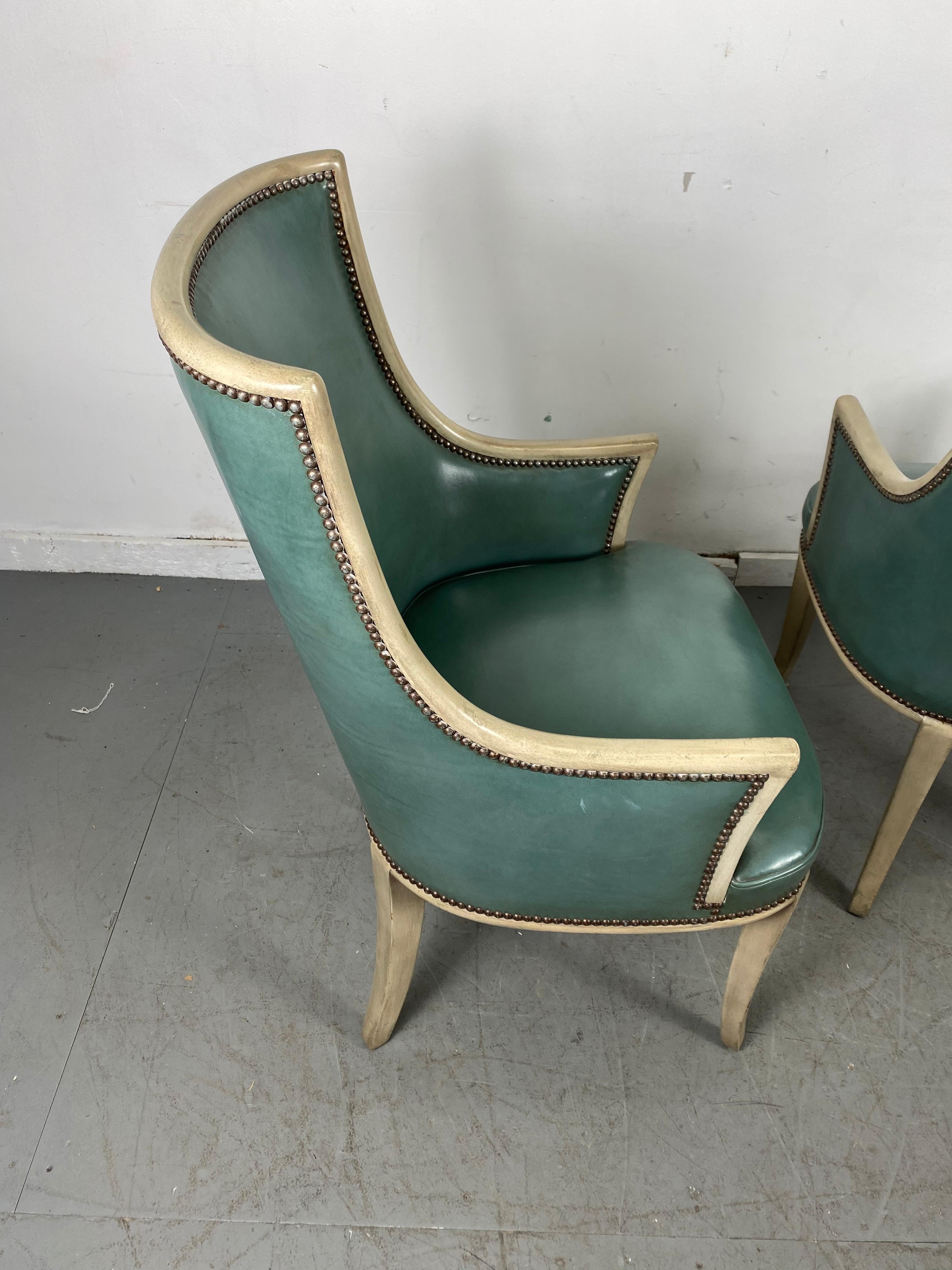 Wood Pair of Regency Leather Arm / Lounge Chairs, Attributed to Baker Furniture Co