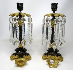 Pair of French Regency Ormolu Bronze Single Light Candlesticks Crystal Lustres