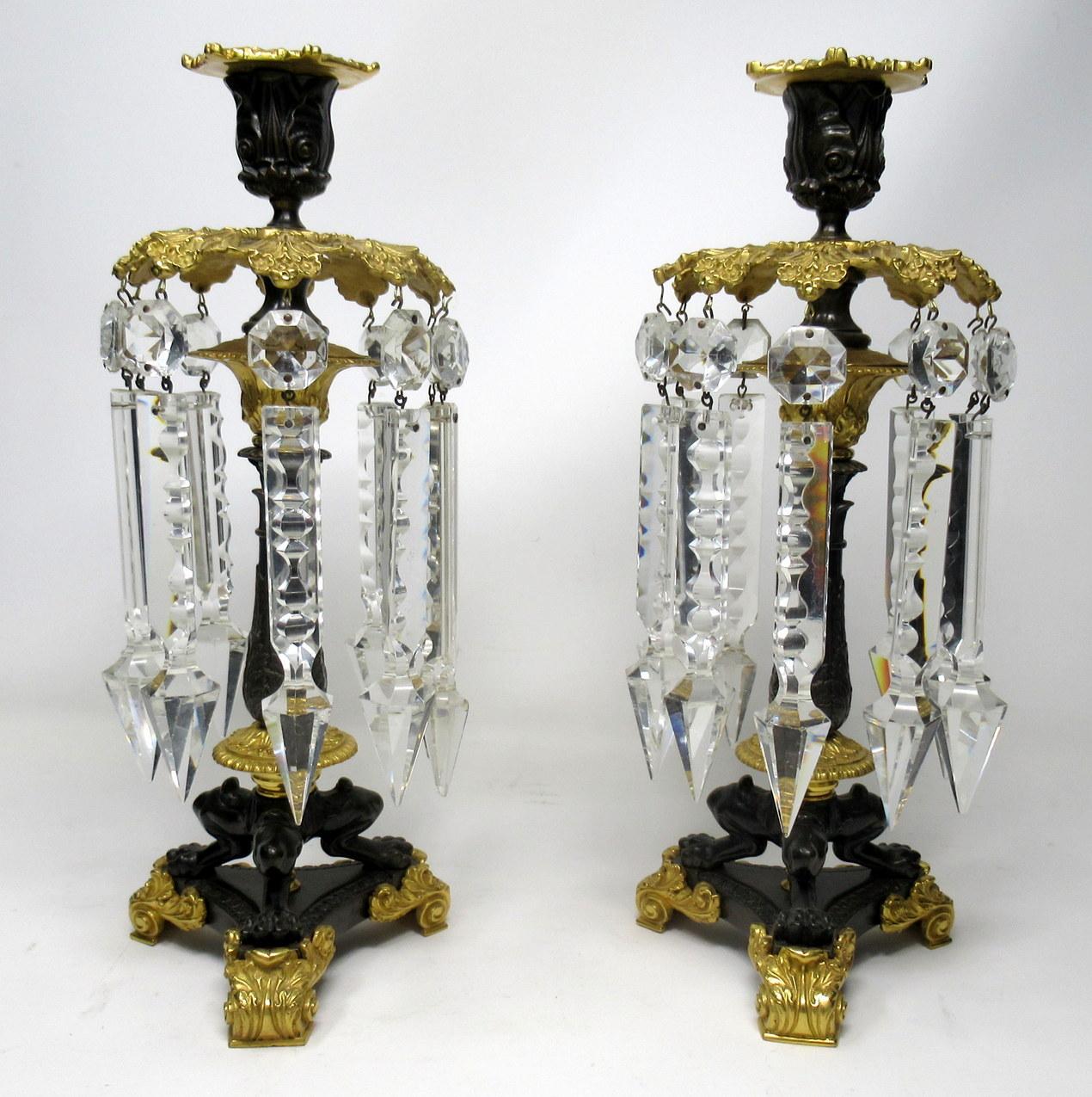 English Pair of French Regency Ormolu Bronze Single Light Candlesticks Crystal Lustres