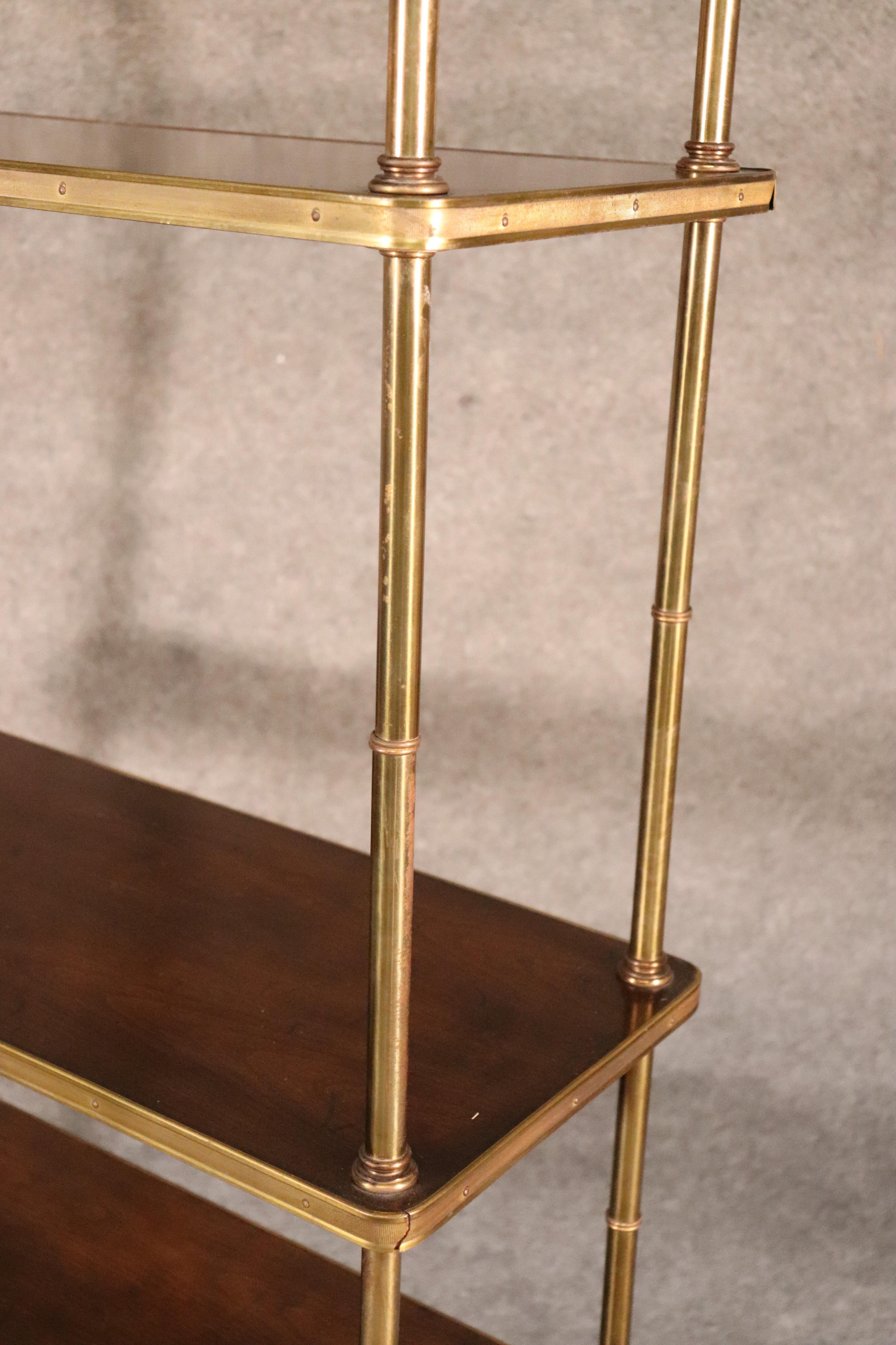 Mid-20th Century Pair of French Regency Solid Brass Faux Bamboo Maison Jansen Walnut Étagères