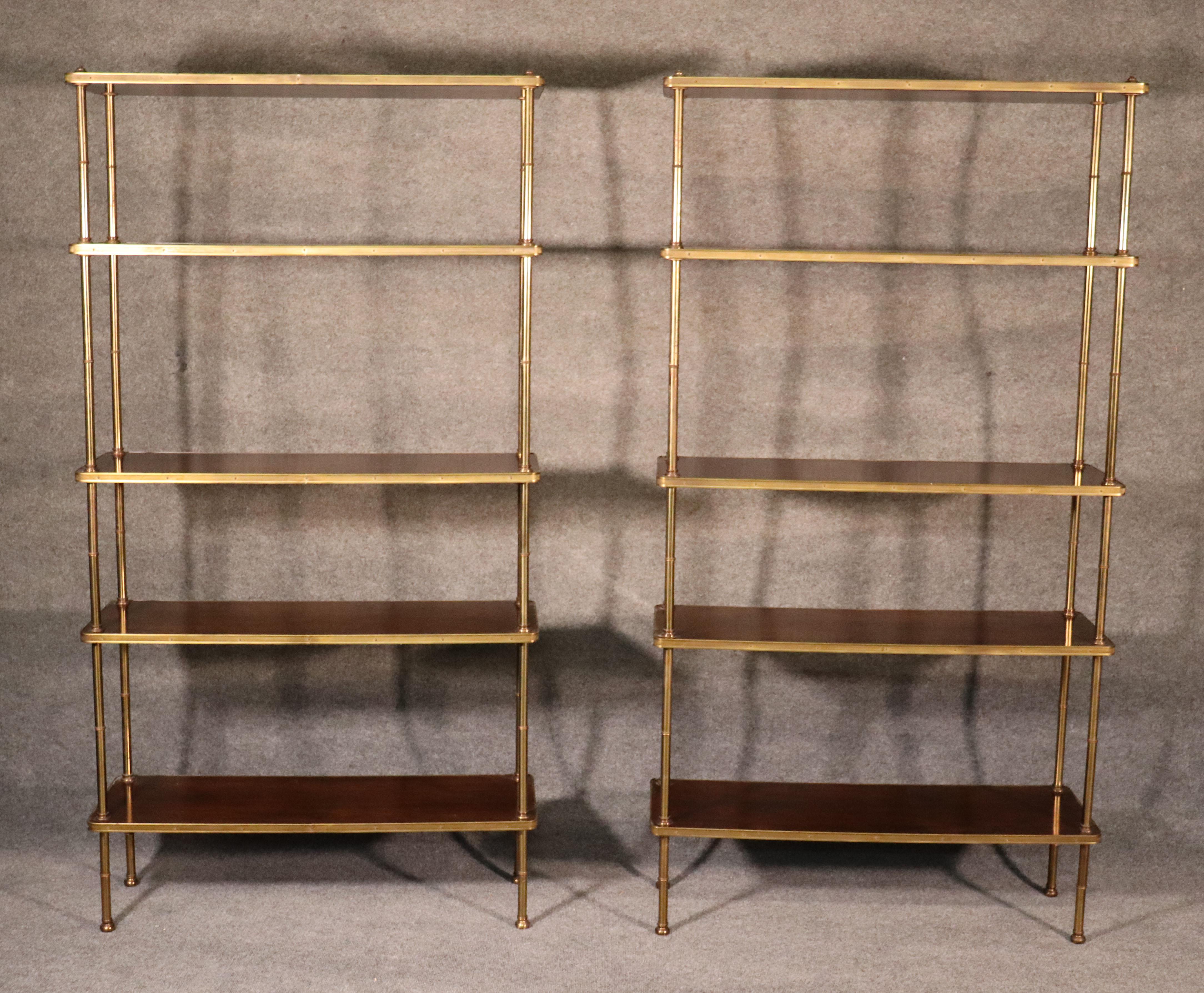 Pair of French Regency Solid Brass Faux Bamboo Maison Jansen Walnut Étagères 2