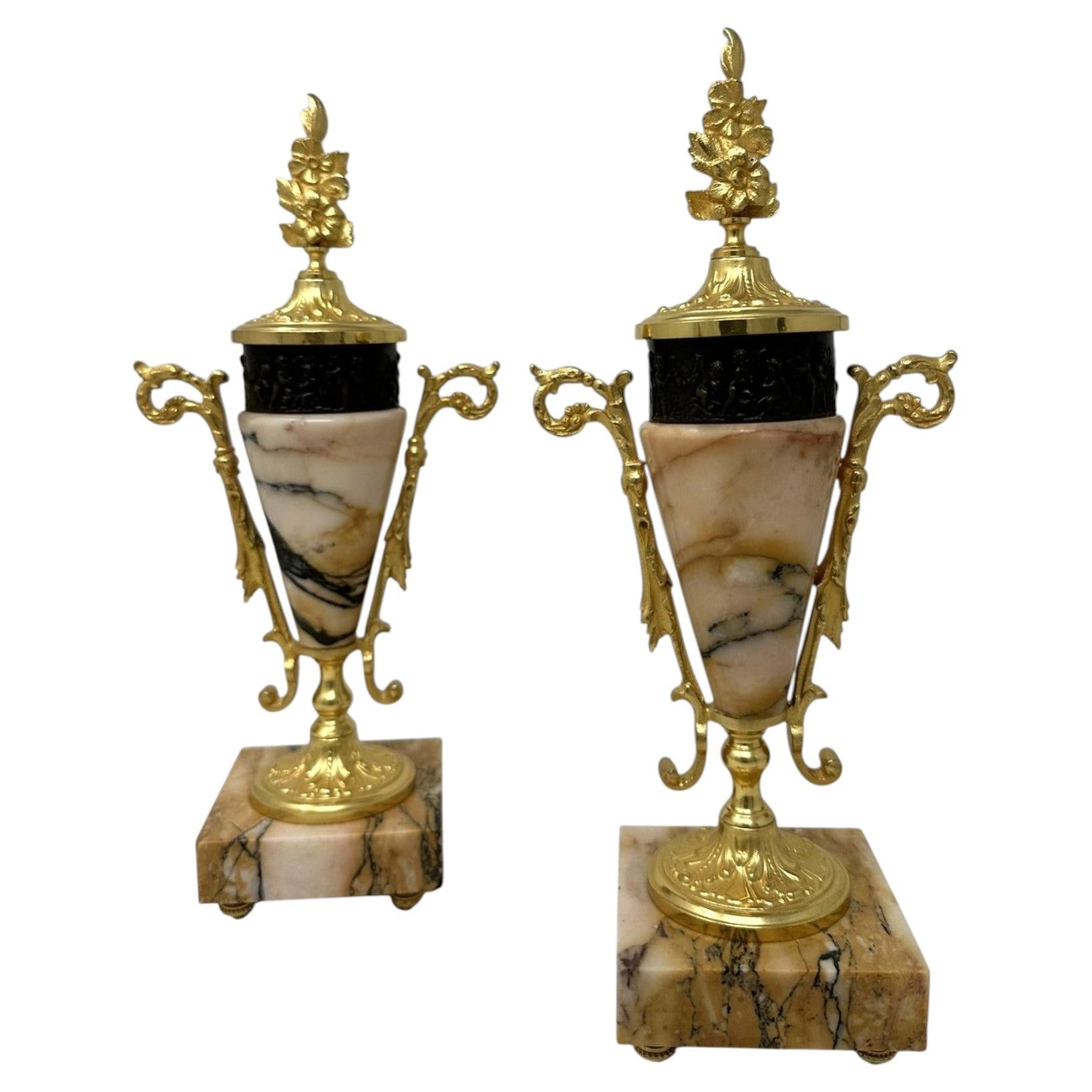 Pair French Regency Styl Giallo Sienna Marble Gilt Bronze Cassolettes Urns Vases
