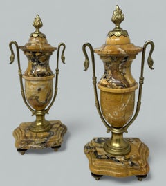 Pair French Regency Styl Giallo Sienna Marble Gilt Bronze Ormolu Urns Vases 19Ct