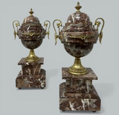 Pair French Regency Styl Rosso Levano Marble Gilt Bronze Ormolu Urns Vases 19Ct
