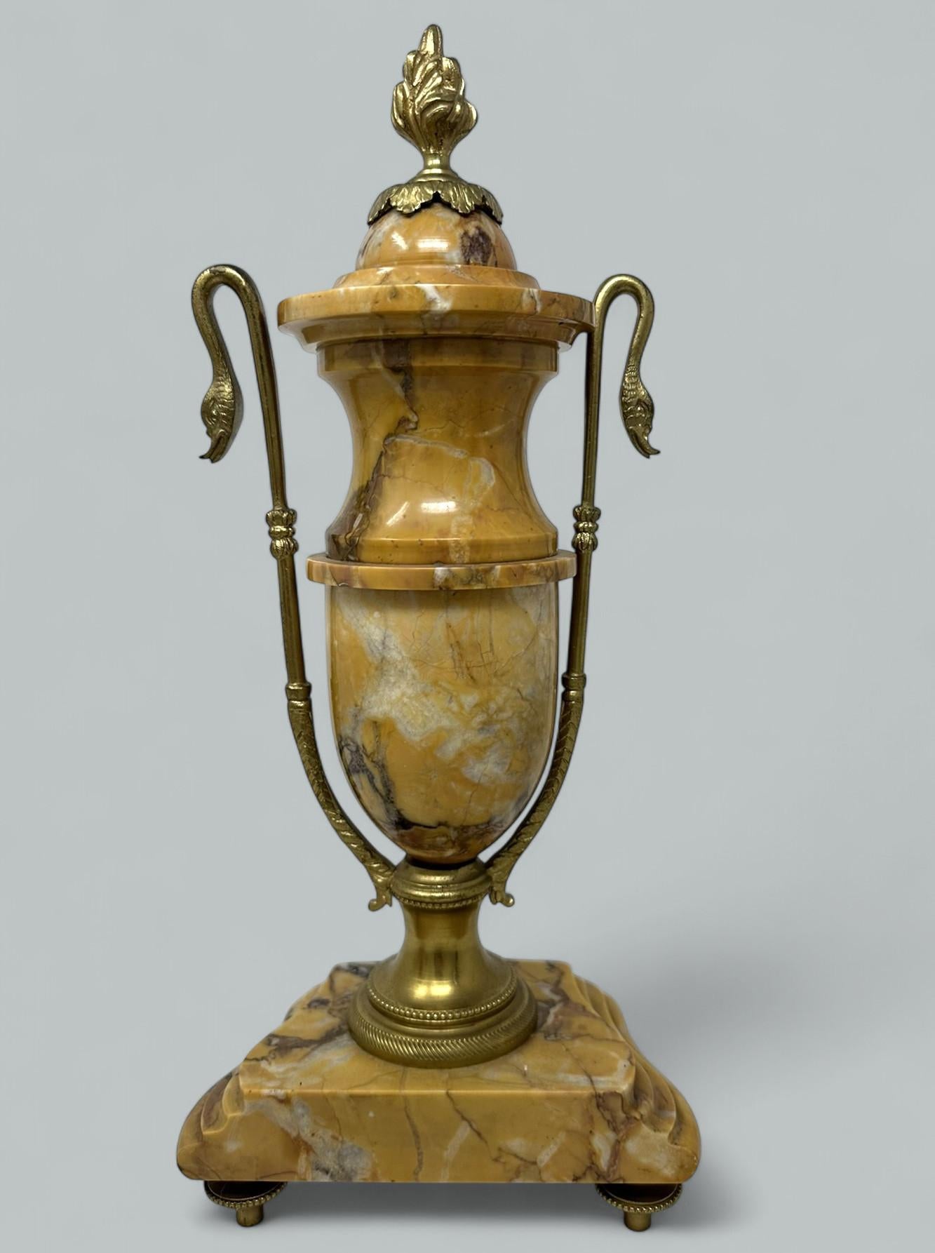 19th Century Pair French Regency Styl Giallo Sienna Marble Gilt Bronze Ormolu Urns Vases 19Ct For Sale