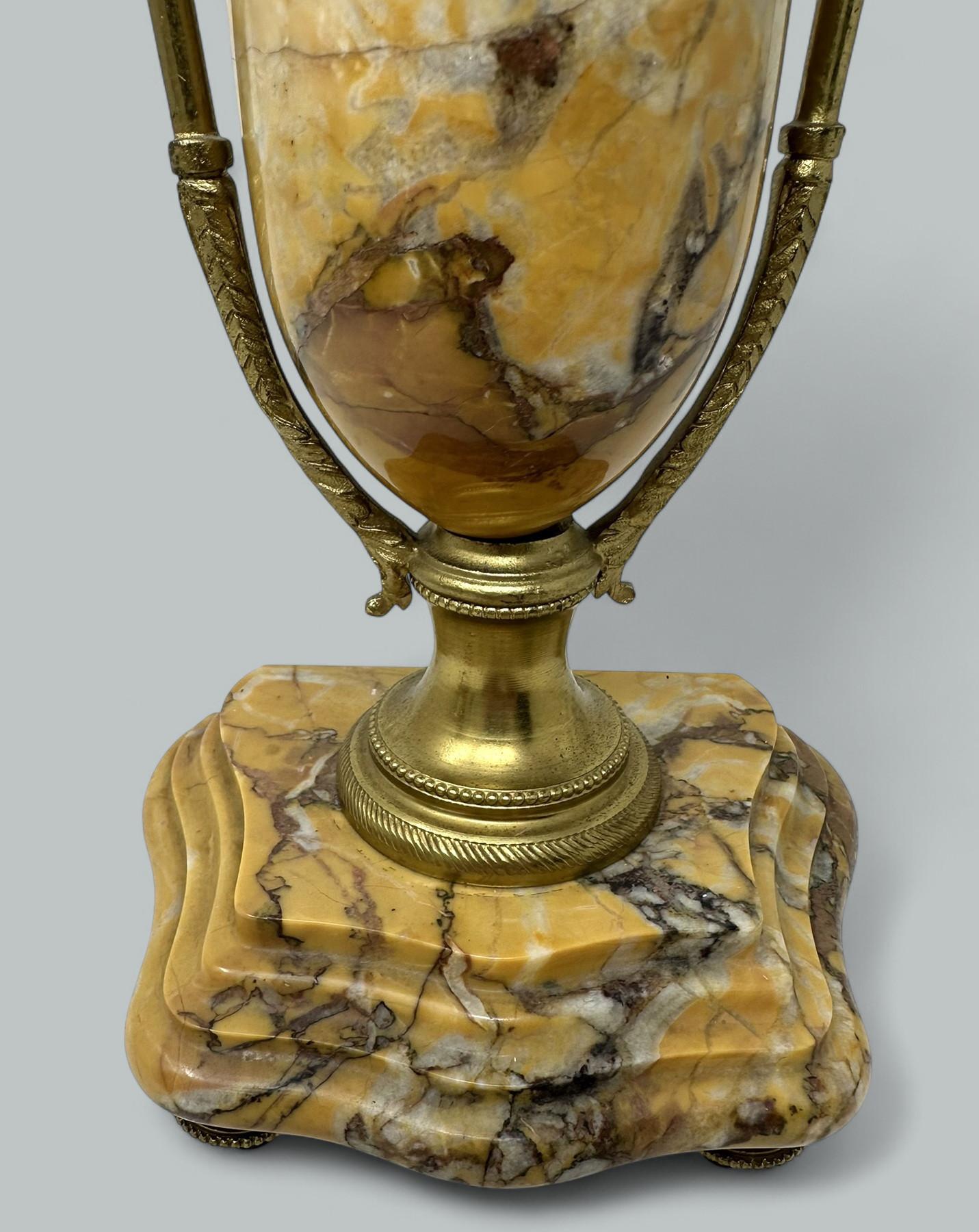 Pair French Regency Styl Giallo Sienna Marble Gilt Bronze Ormolu Urns Vases 19Ct For Sale 1