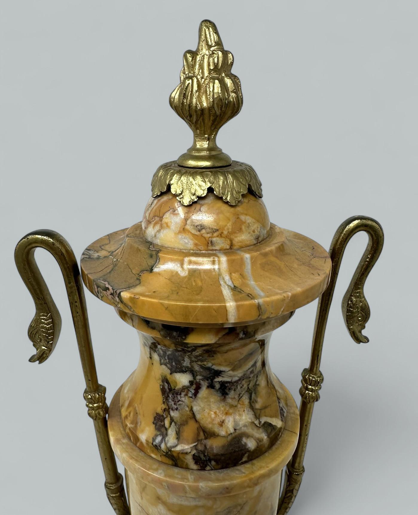 Pair French Regency Styl Giallo Sienna Marble Gilt Bronze Ormolu Urns Vases 19Ct For Sale 2