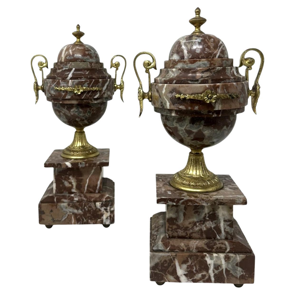 Pair French Regency Styl Rosso Levano Marble Gilt Bronze Ormolu Urns Vases 19Ct