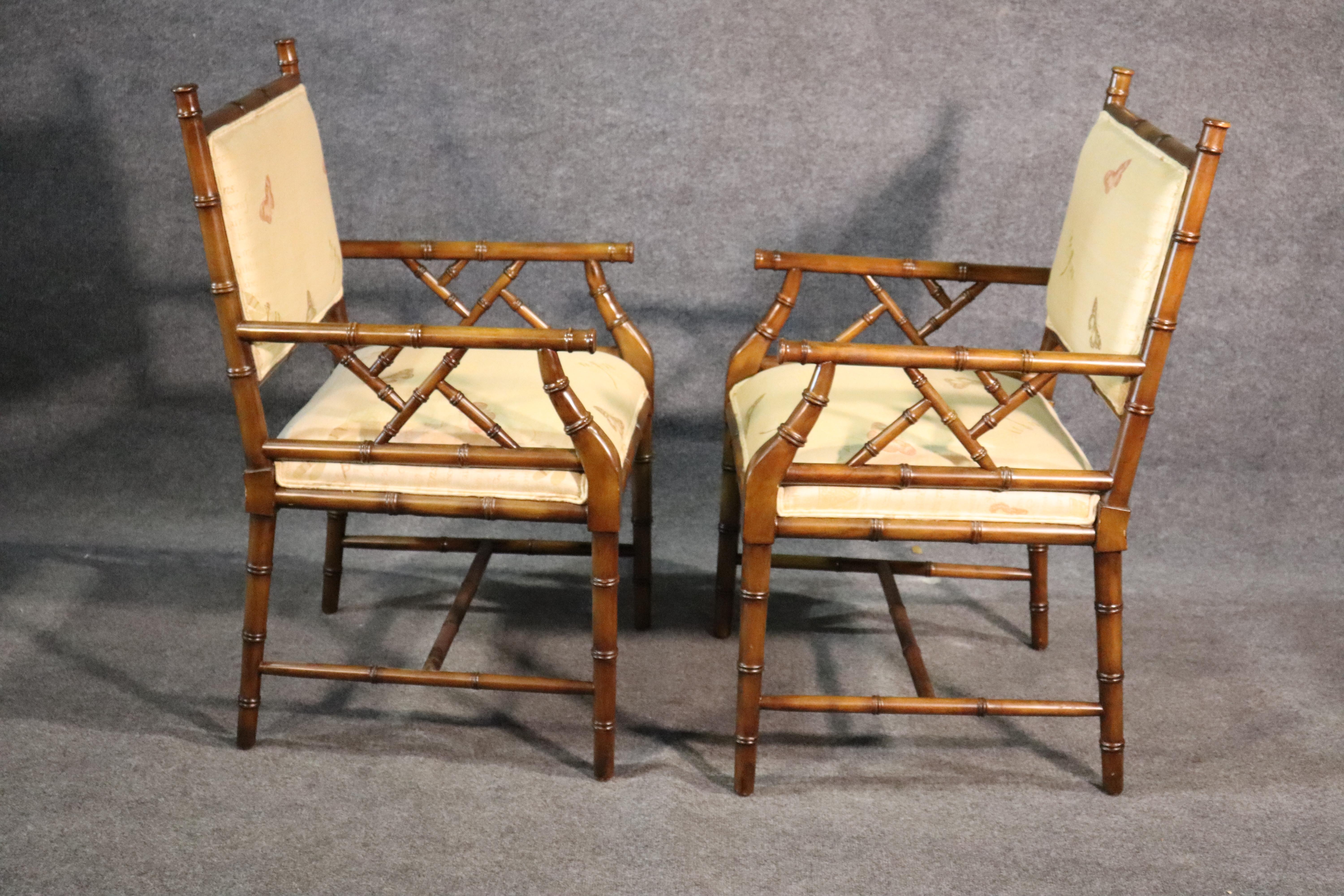 Pair of French Regency Style Faux Bamboo Walnut Armchairs Dining Chairs In Good Condition In Swedesboro, NJ