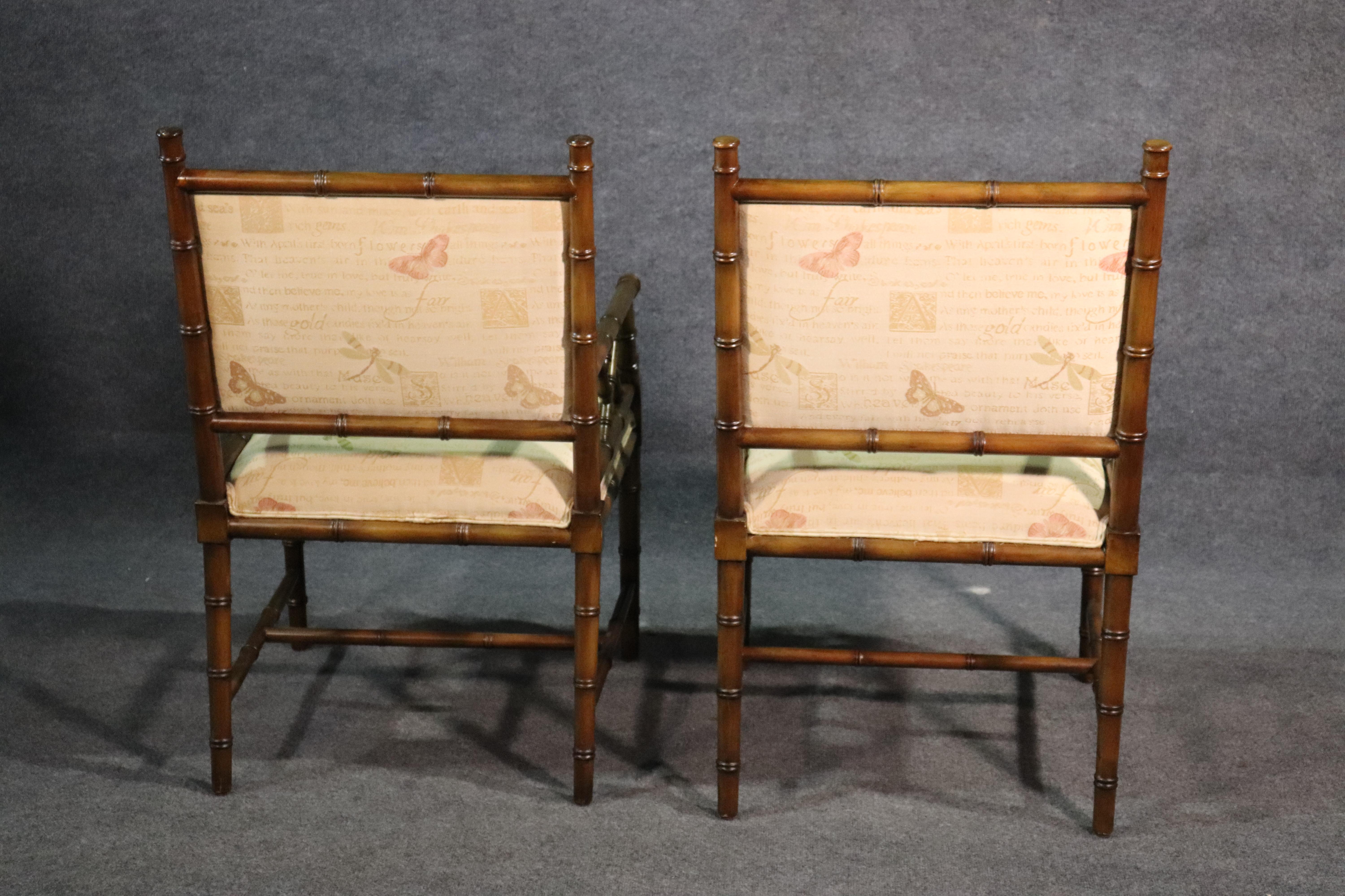 Mid-20th Century Pair of French Regency Style Faux Bamboo Walnut Armchairs Dining Chairs