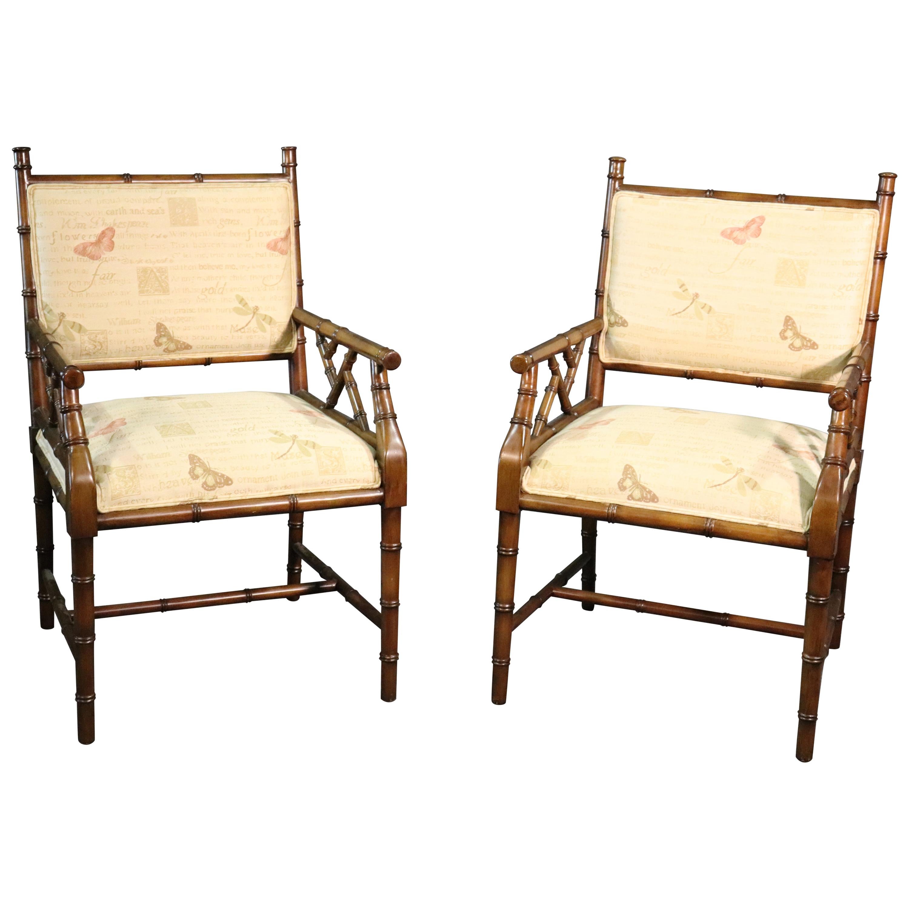 Pair of French Regency Style Faux Bamboo Walnut Armchairs Dining Chairs
