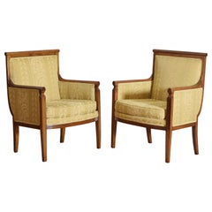 Used Pair French Restauration Light Walnut & Upholstered Bergeres, Early 19th Century