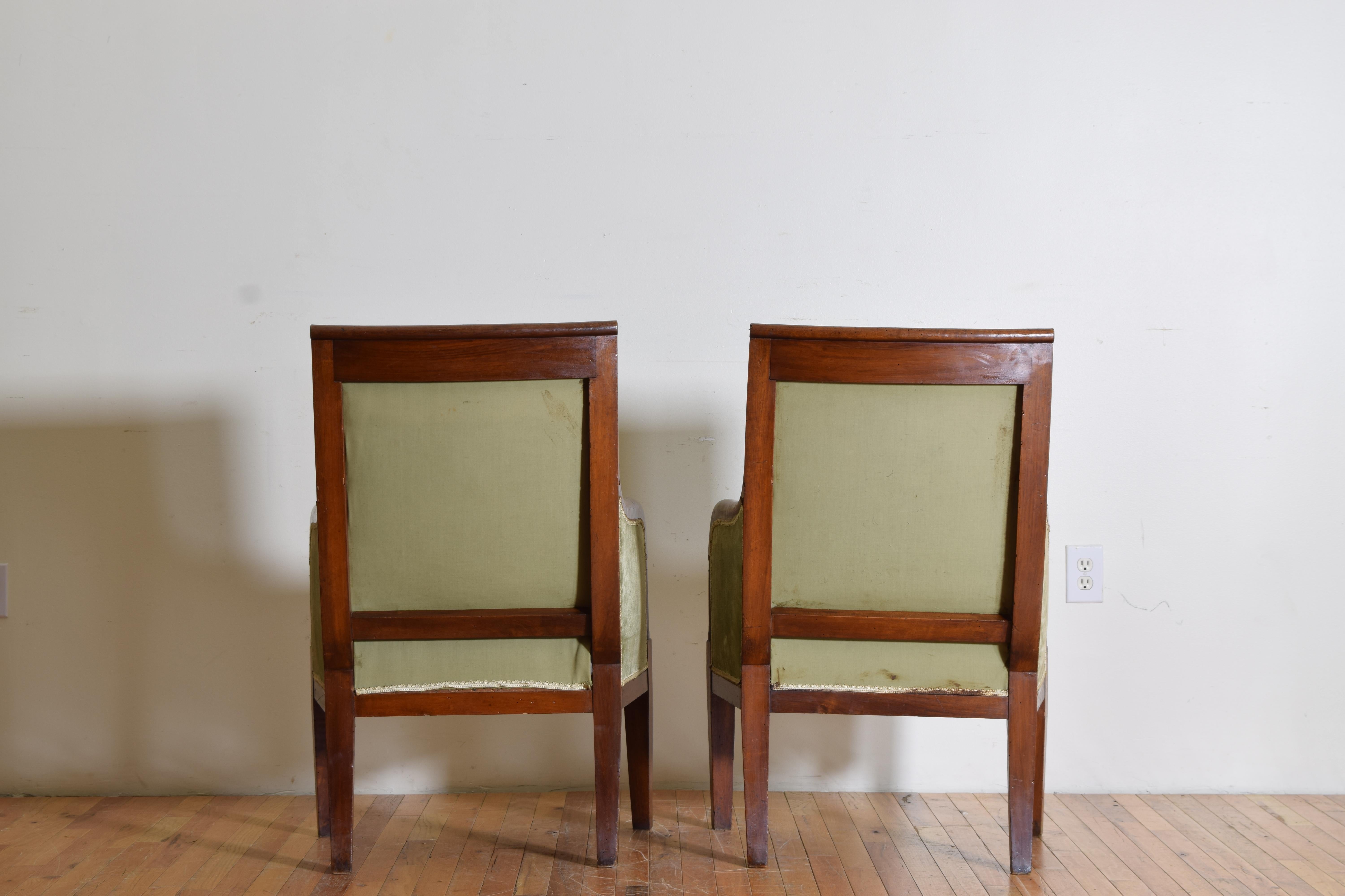 Early 19th Century Pair French Restauration Period Walnut and Upholstered Bergeres, Ca. 1825