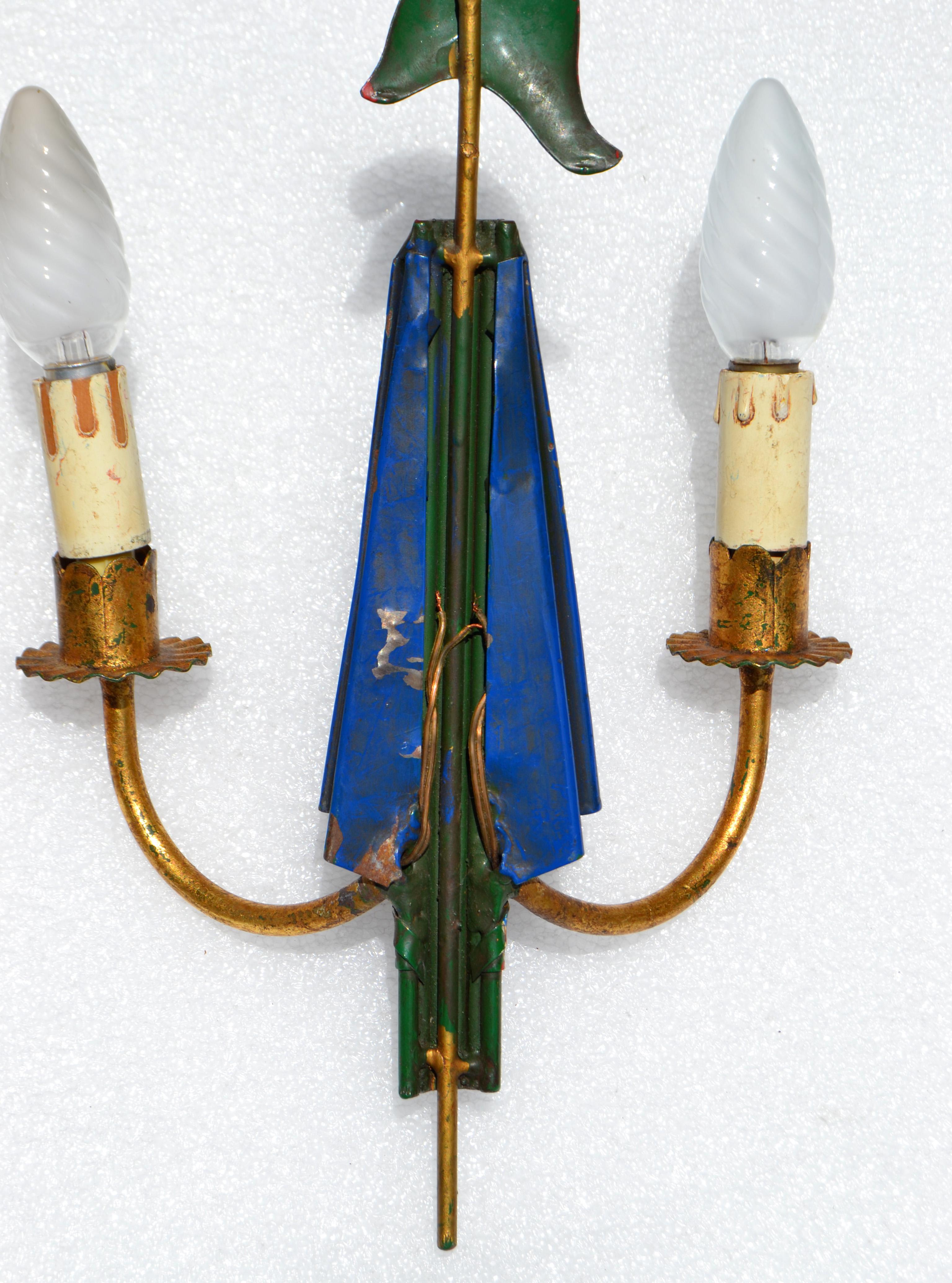 Pair, French Revolution 2 Arm Phrygian Cap Gilt Metal Tricolor Sconce Wall Lamp For Sale 5