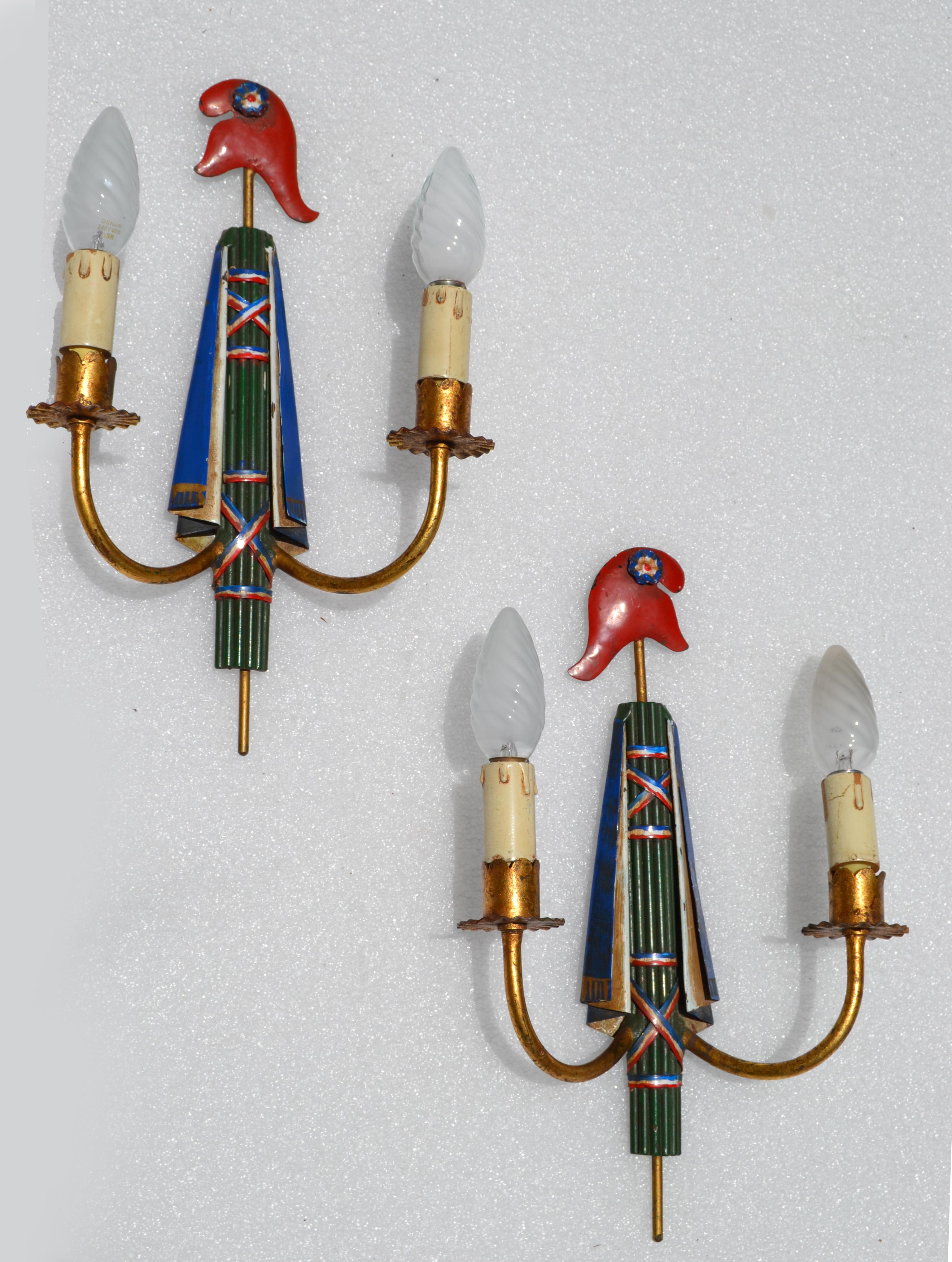 Pair, French Revolution 2 Arm Phrygian Cap Gilt Metal Tricolor Sconce Wall Lamp For Sale 8