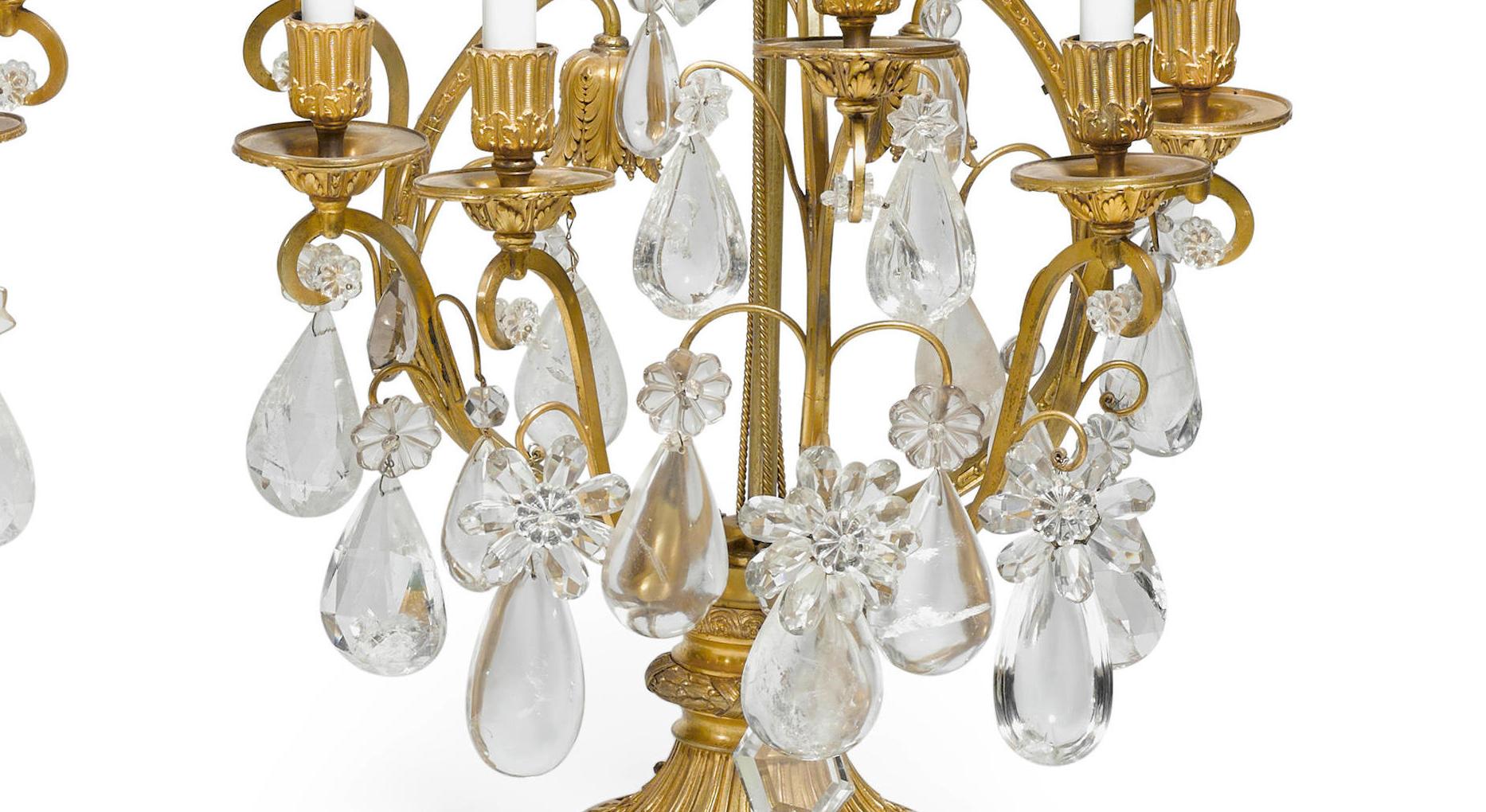 Hand-Carved Pair of French Rock Crystal and Ormolu Girandole Candelabra, 19th Century