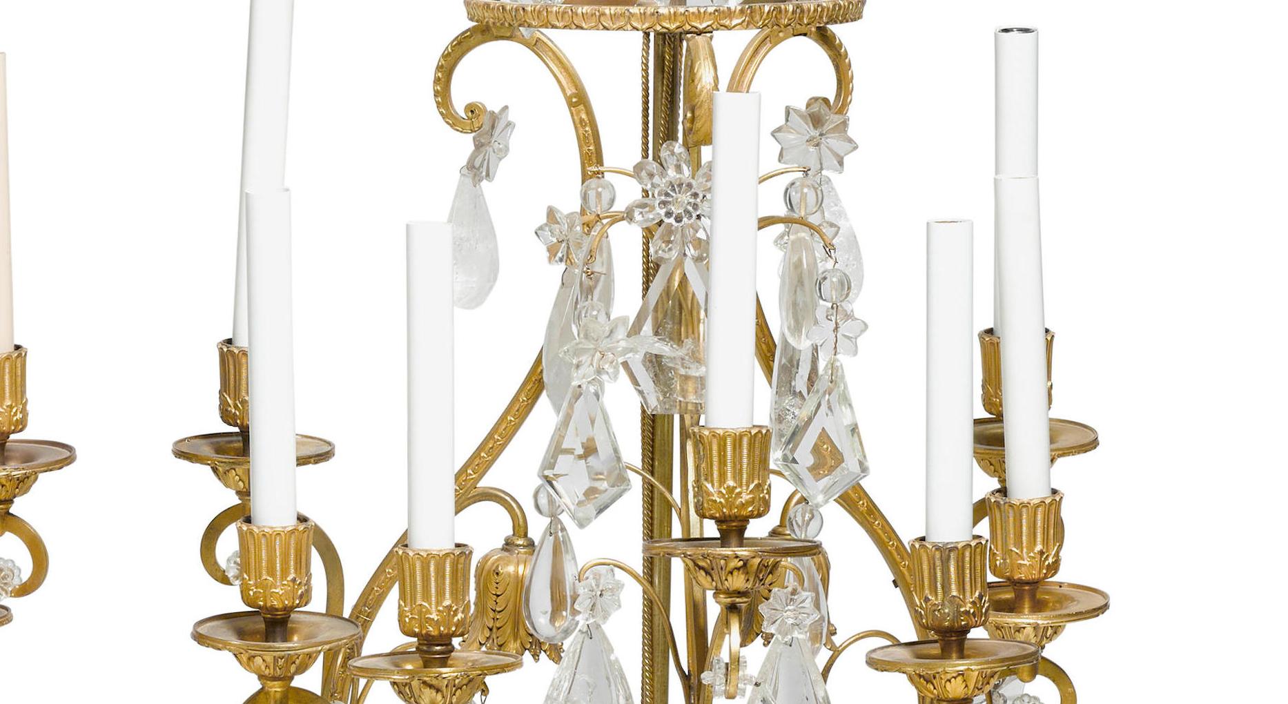 Pair of French Rock Crystal and Ormolu Girandole Candelabra, 19th Century In Good Condition In Cypress, CA