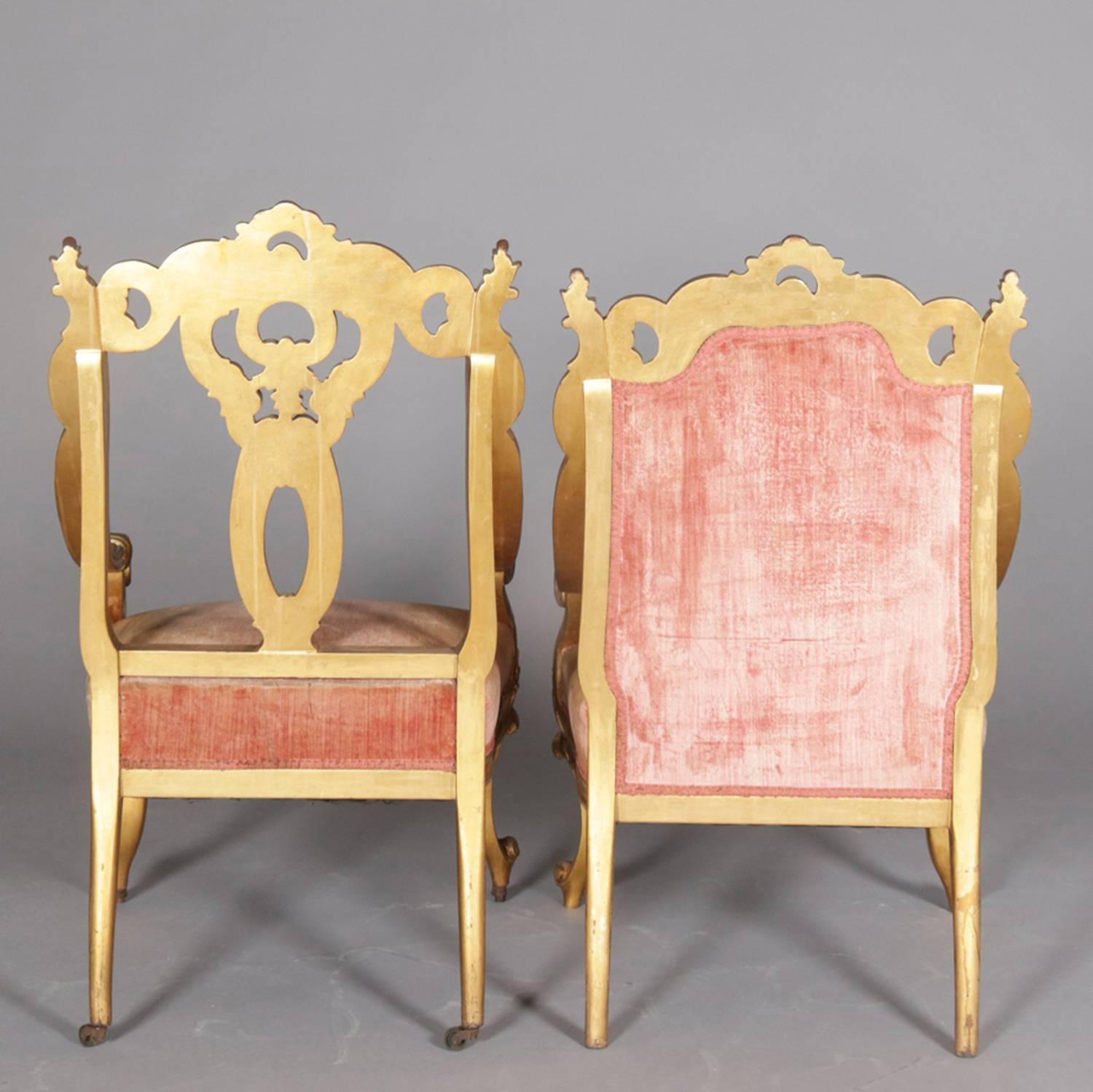 Pair of French Rococo Style Carved Giltwood Velvet Upholstered Armchairs 6