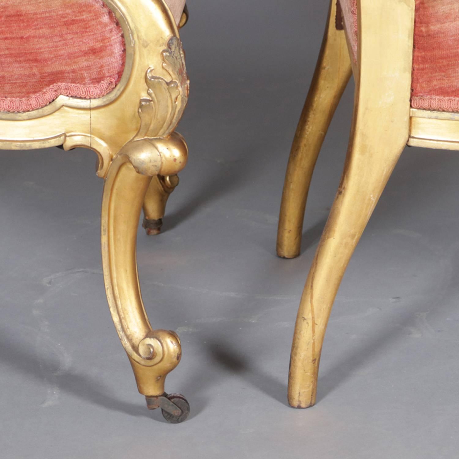 Pair of French Rococo Style Carved Giltwood Velvet Upholstered Armchairs In Good Condition In Big Flats, NY