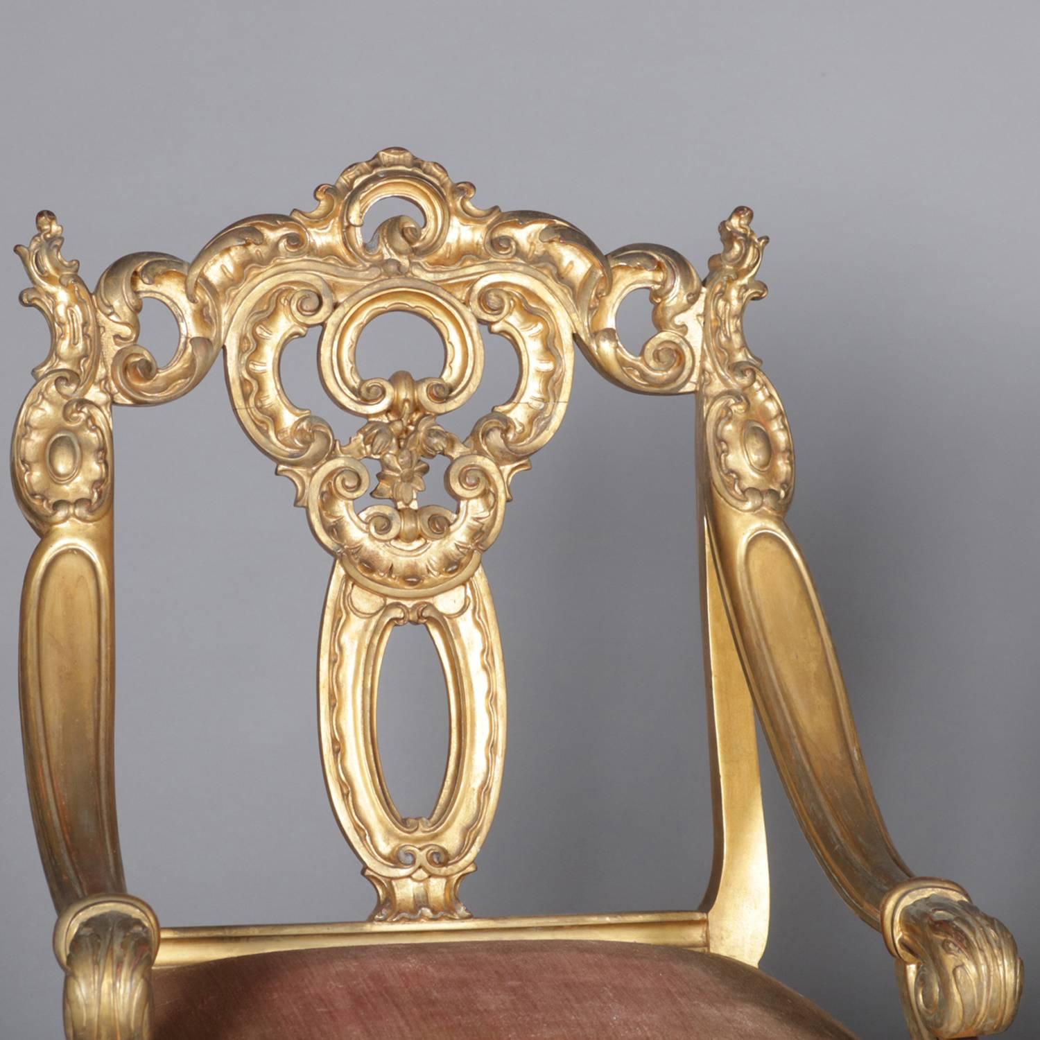 19th Century Pair of French Rococo Style Carved Giltwood Velvet Upholstered Armchairs