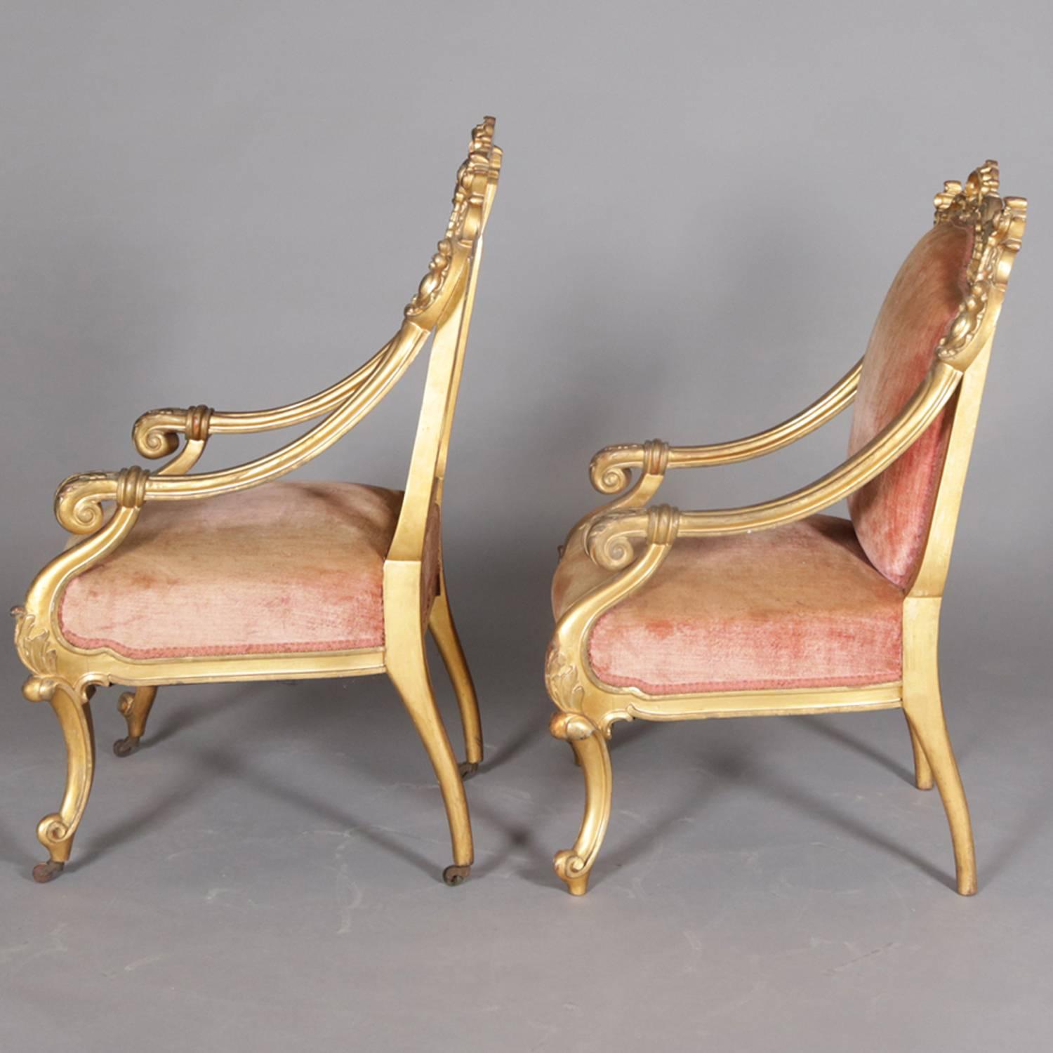 Pair of French Rococo Style Carved Giltwood Velvet Upholstered Armchairs 4