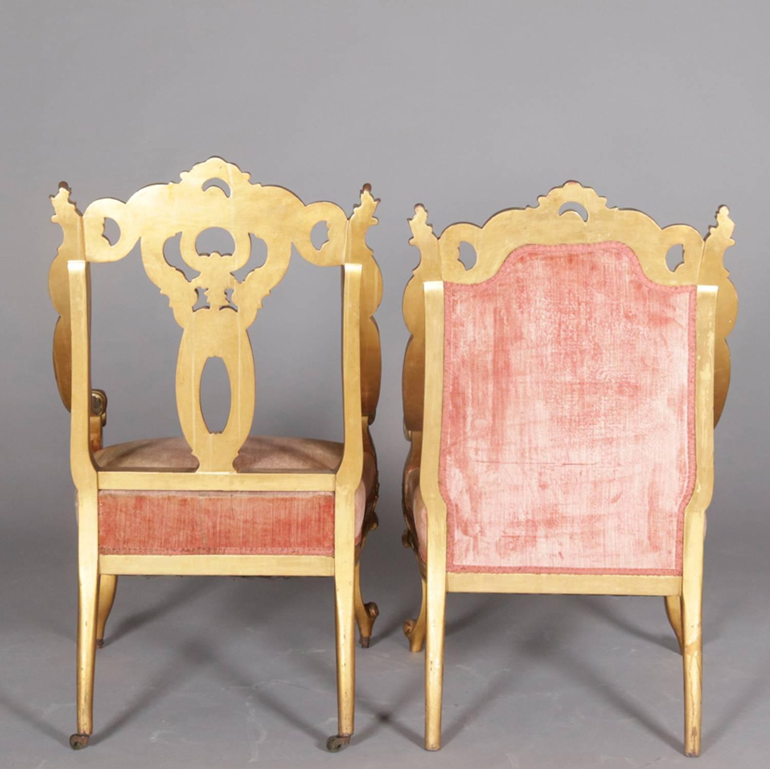 Pair of French Rococo Style Carved Giltwood Velvet Upholstered Armchairs 5