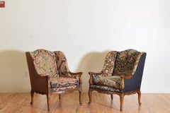 Pair French Rococo Style Carved Walnut & Needlepoint Upholstered Bergeres 20th C