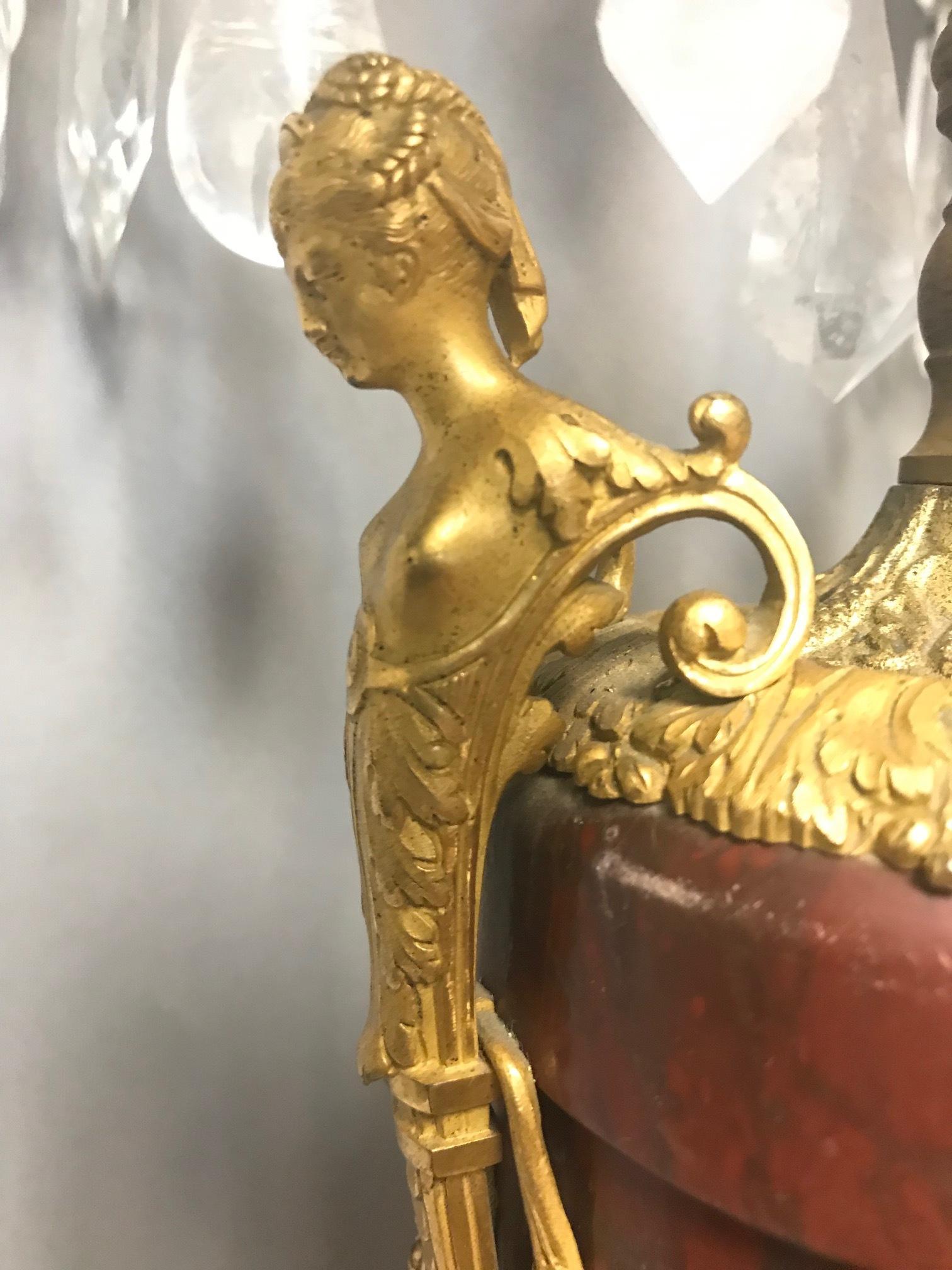 Pair of French Rouge Marble & Rock Crystal Ormolu Lamps, 19th Century For Sale 4