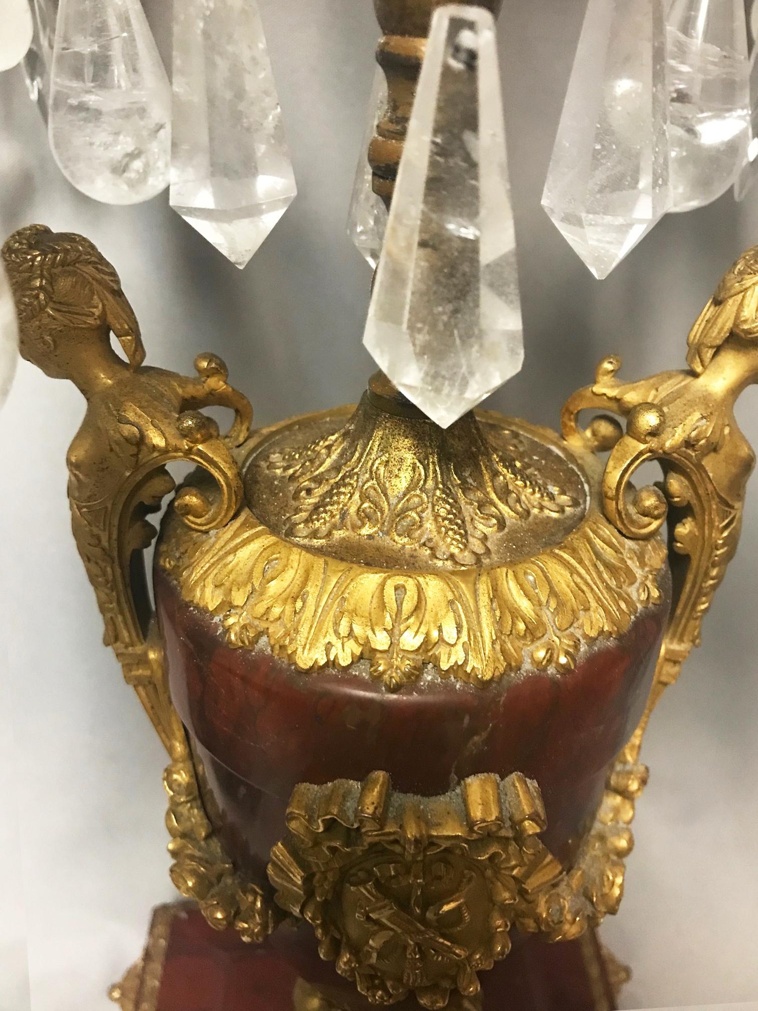 Pair of French Rouge Marble & Rock Crystal Ormolu Lamps, 19th Century For Sale 5