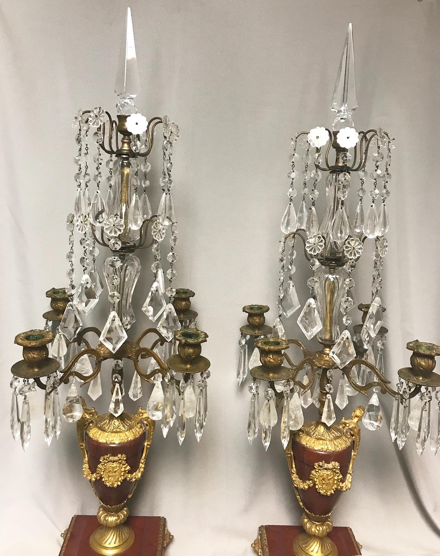 Louis XVI Pair of French Rouge Marble & Rock Crystal Ormolu Lamps, 19th Century For Sale