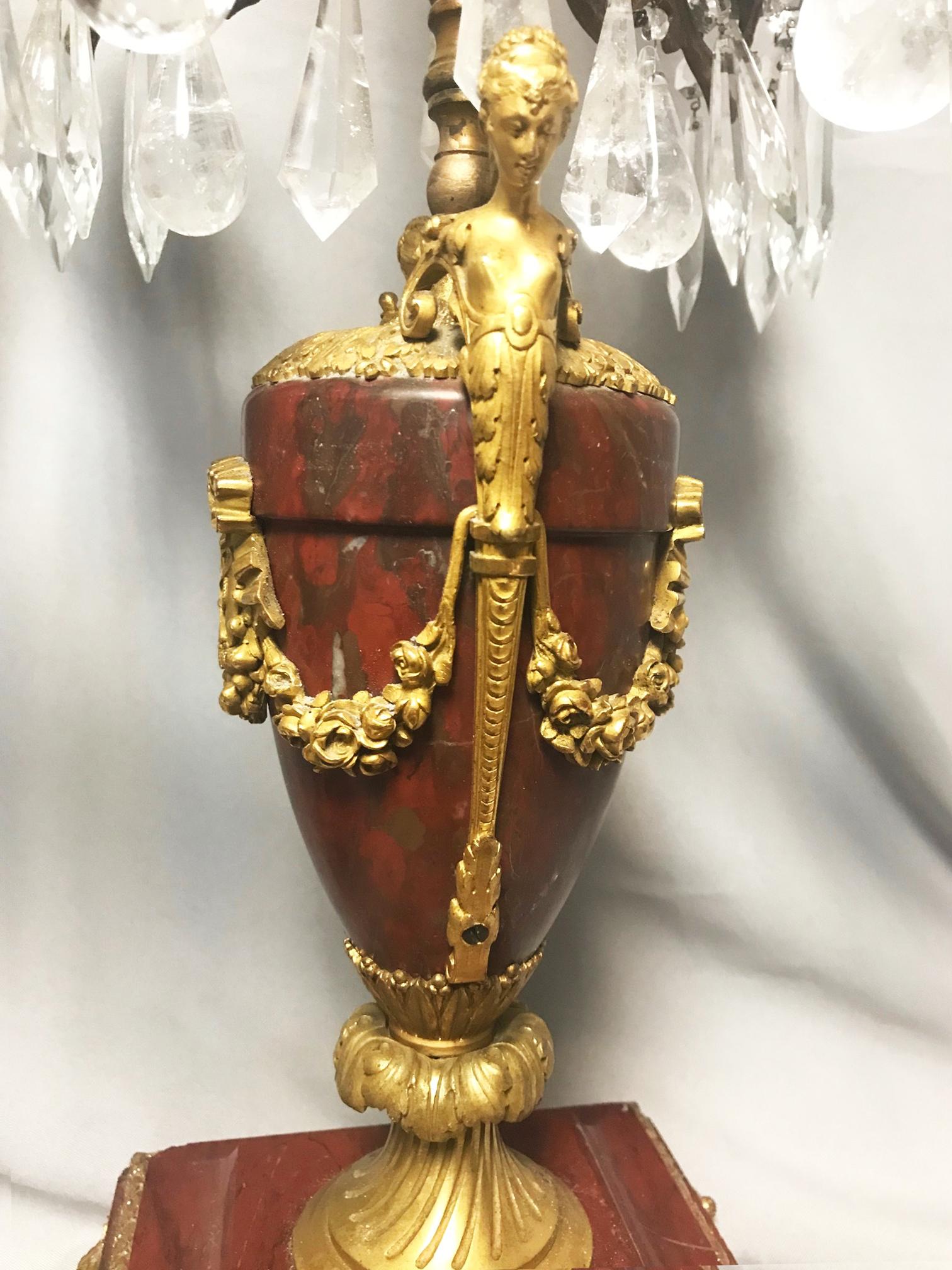 Pair of French Rouge Marble & Rock Crystal Ormolu Lamps, 19th Century For Sale 4