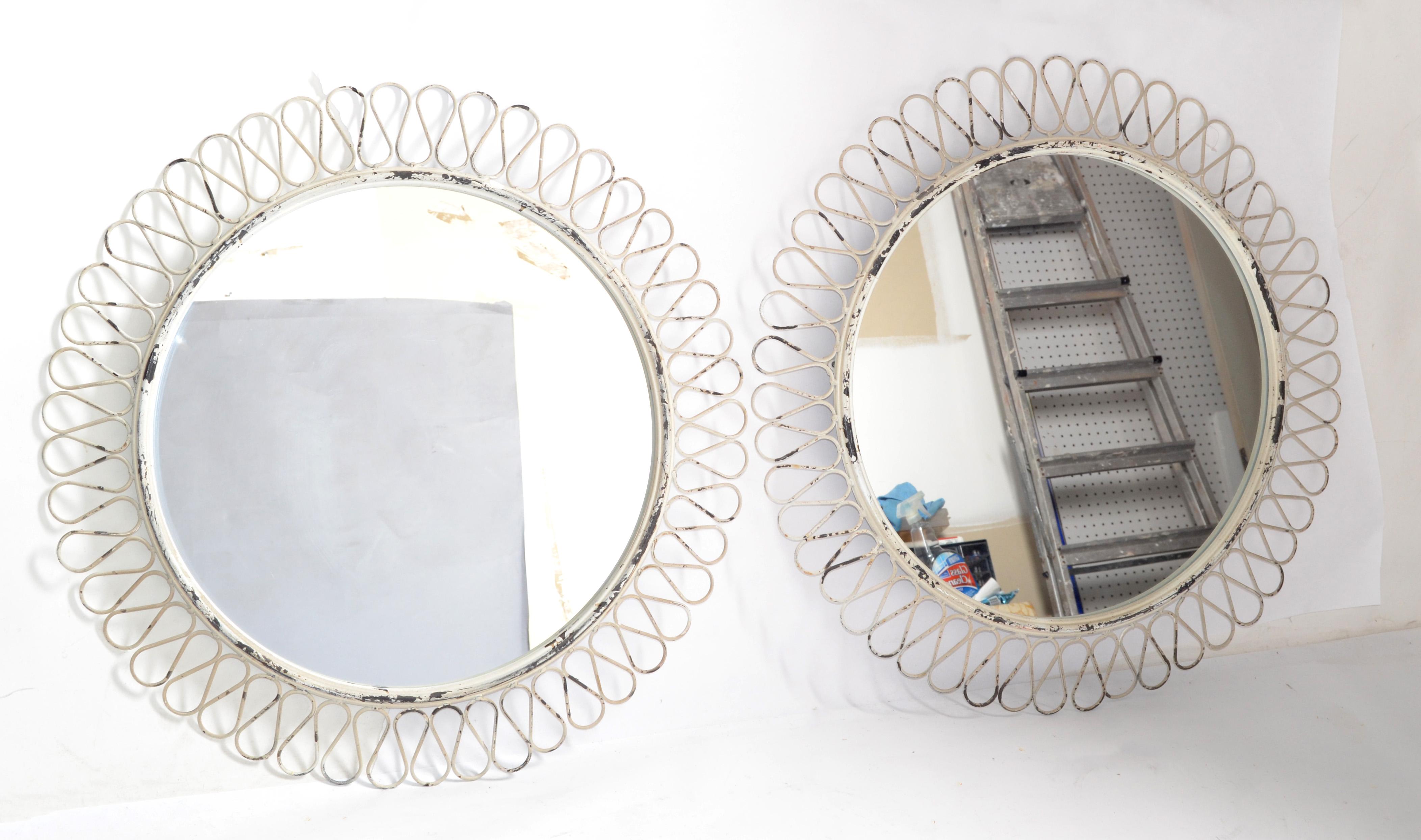 Pair, French Round Wrought Iron Wall Mirror Art Deco Style White Distressed Look For Sale 2