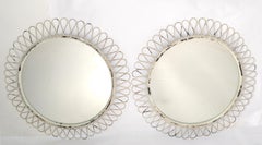 Pair, French Round Wrought Iron Wall Mirror Art Deco Style White Distressed Look