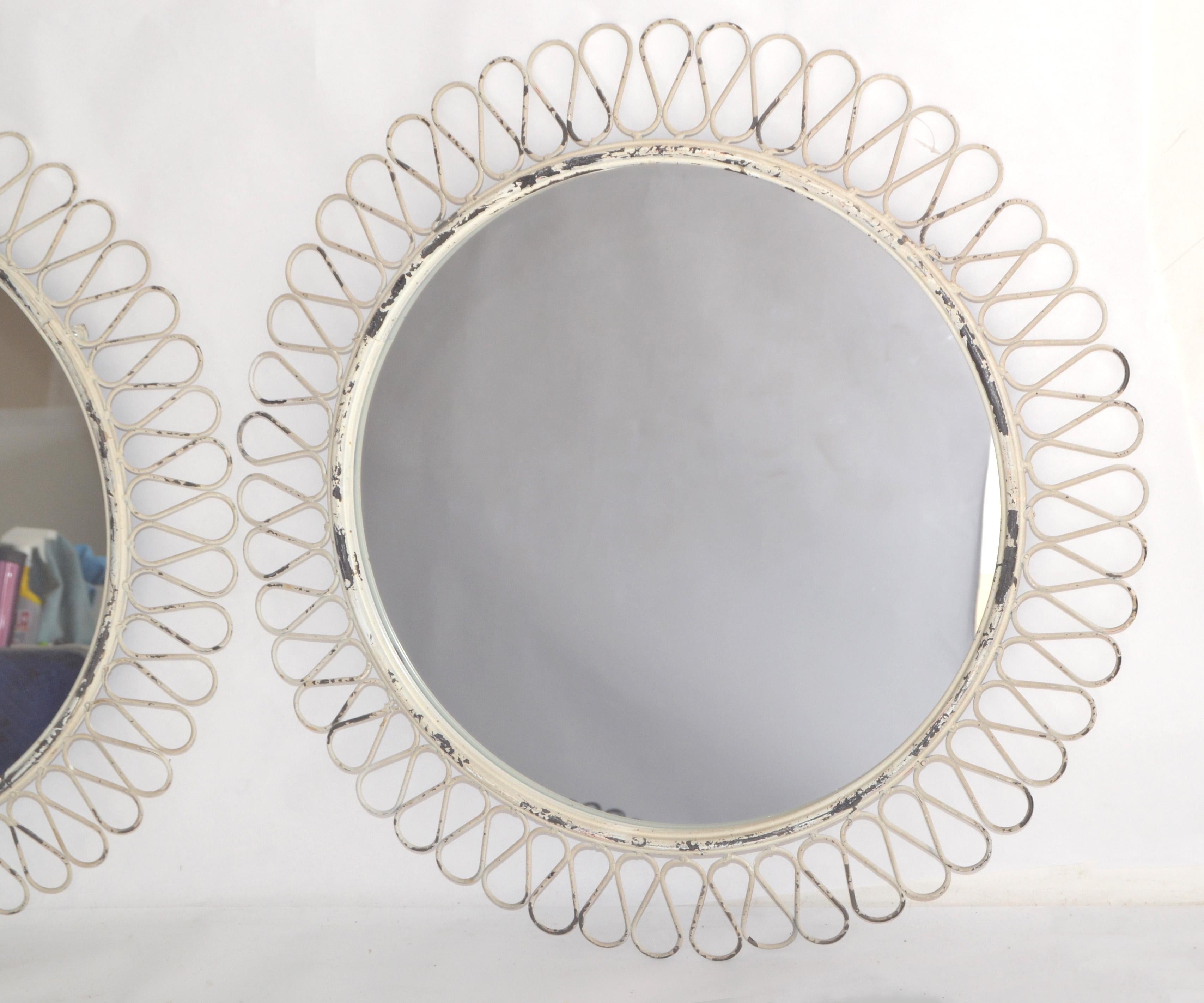 Hand-Crafted Pair, French Round Wrought Iron Wall Mirror Art Deco Style White Distressed Look For Sale
