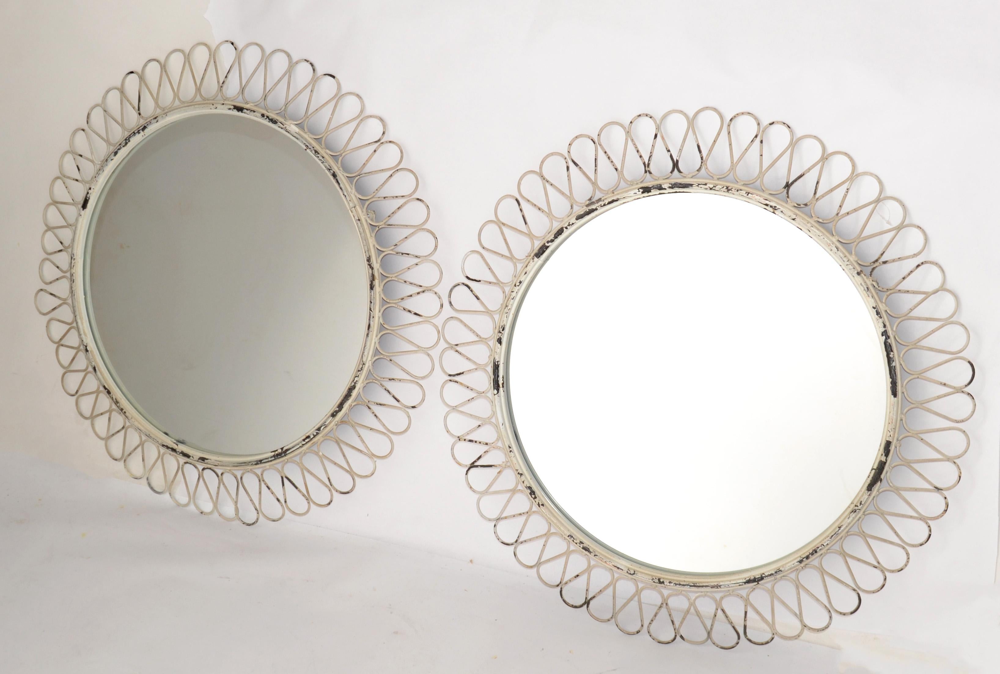 Mid-20th Century Pair, French Round Wrought Iron Wall Mirror Art Deco Style White Distressed Look For Sale