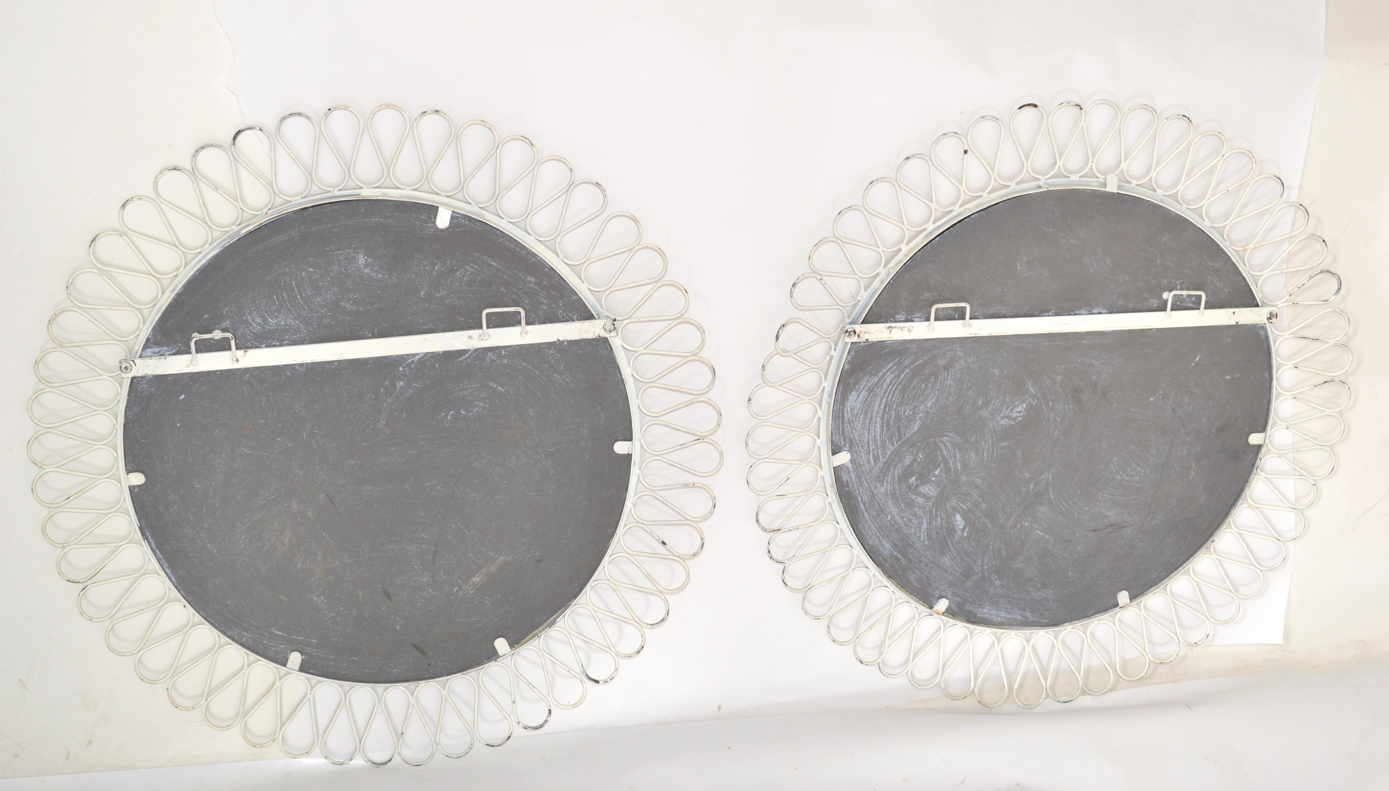 Pair, French Round Wrought Iron Wall Mirror Art Deco Style White Distressed Look For Sale 1
