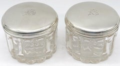 Pair French 'Royal' Silver Armorial  Cut Glass Bamboo Motif  Dresser Jars