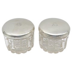 Antique Pair French 'Royal' Silver Armorial  Cut Glass Bamboo Motif  Dresser Jars