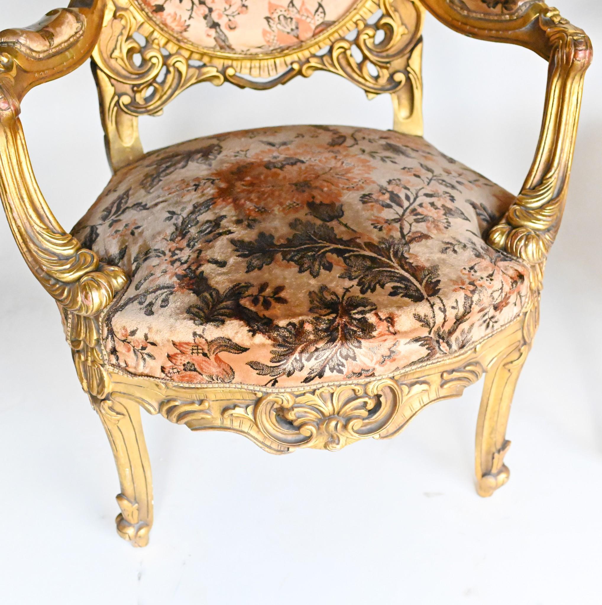 Pair French Salon Chairs Art Nouveau Gilt Fauteuils For Sale 12