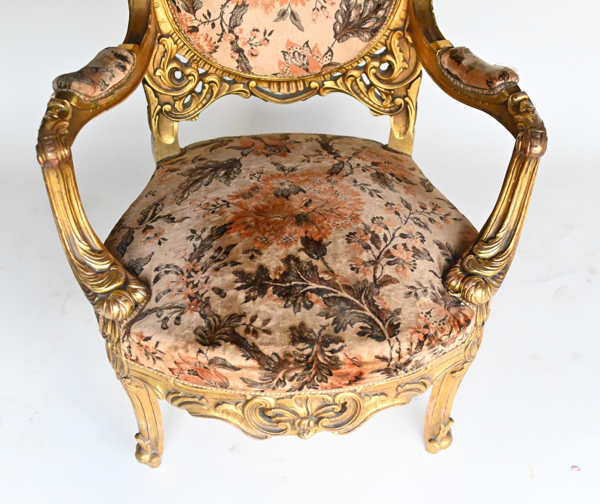 Pair French Salon Chairs Art Nouveau Gilt Fauteuils For Sale 13