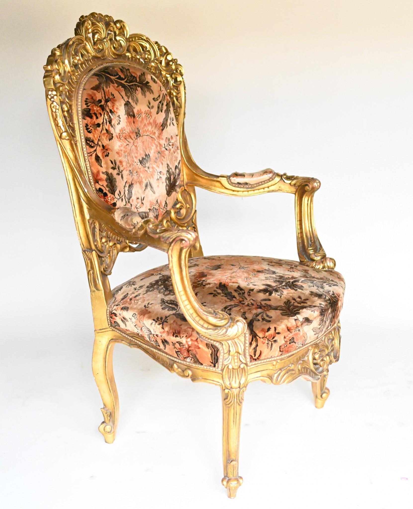 Pair French Salon Chairs Art Nouveau Gilt Fauteuils For Sale 14