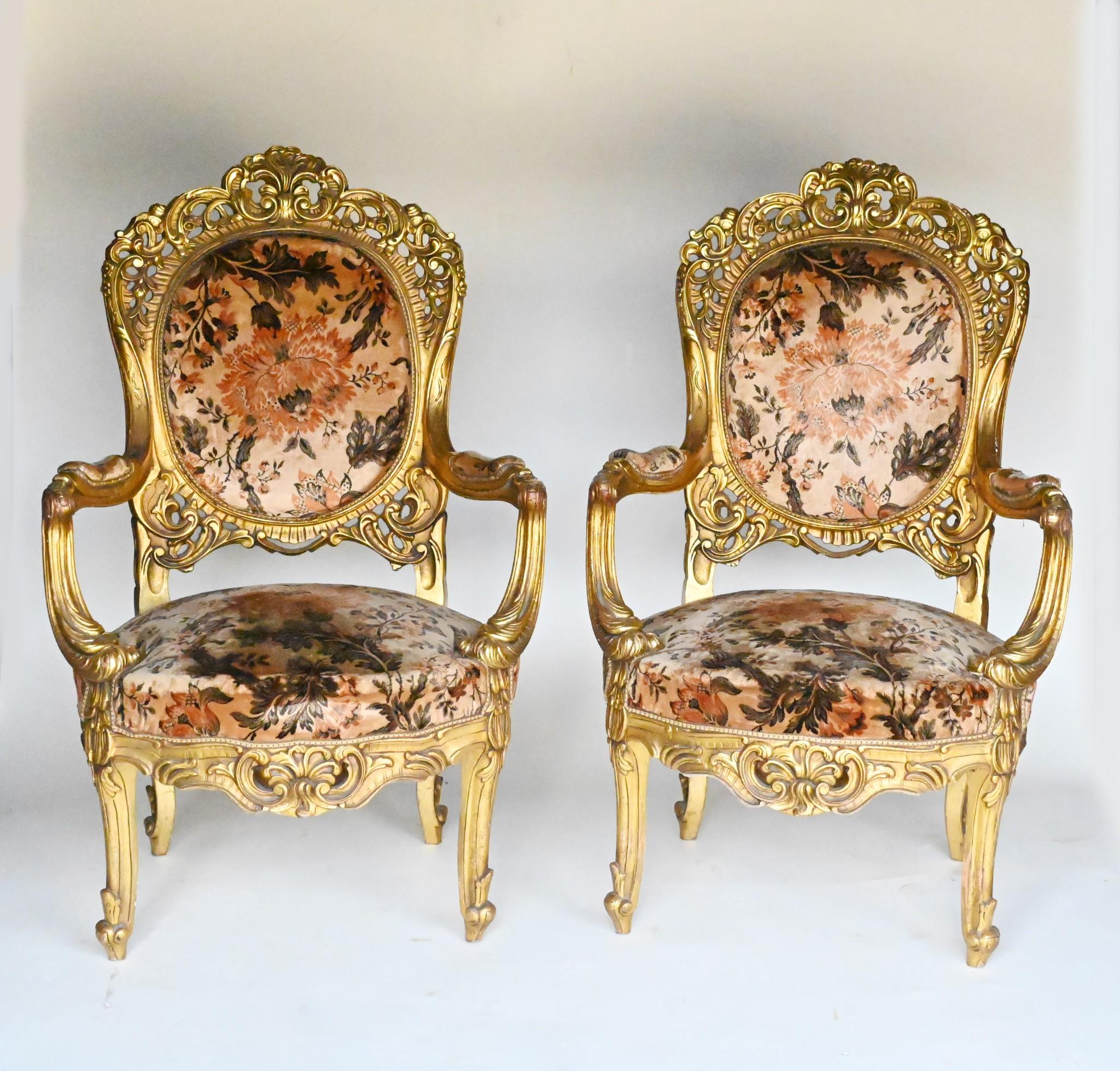 Pair French Salon Chairs Art Nouveau Gilt Fauteuils In Good Condition For Sale In Potters Bar, GB