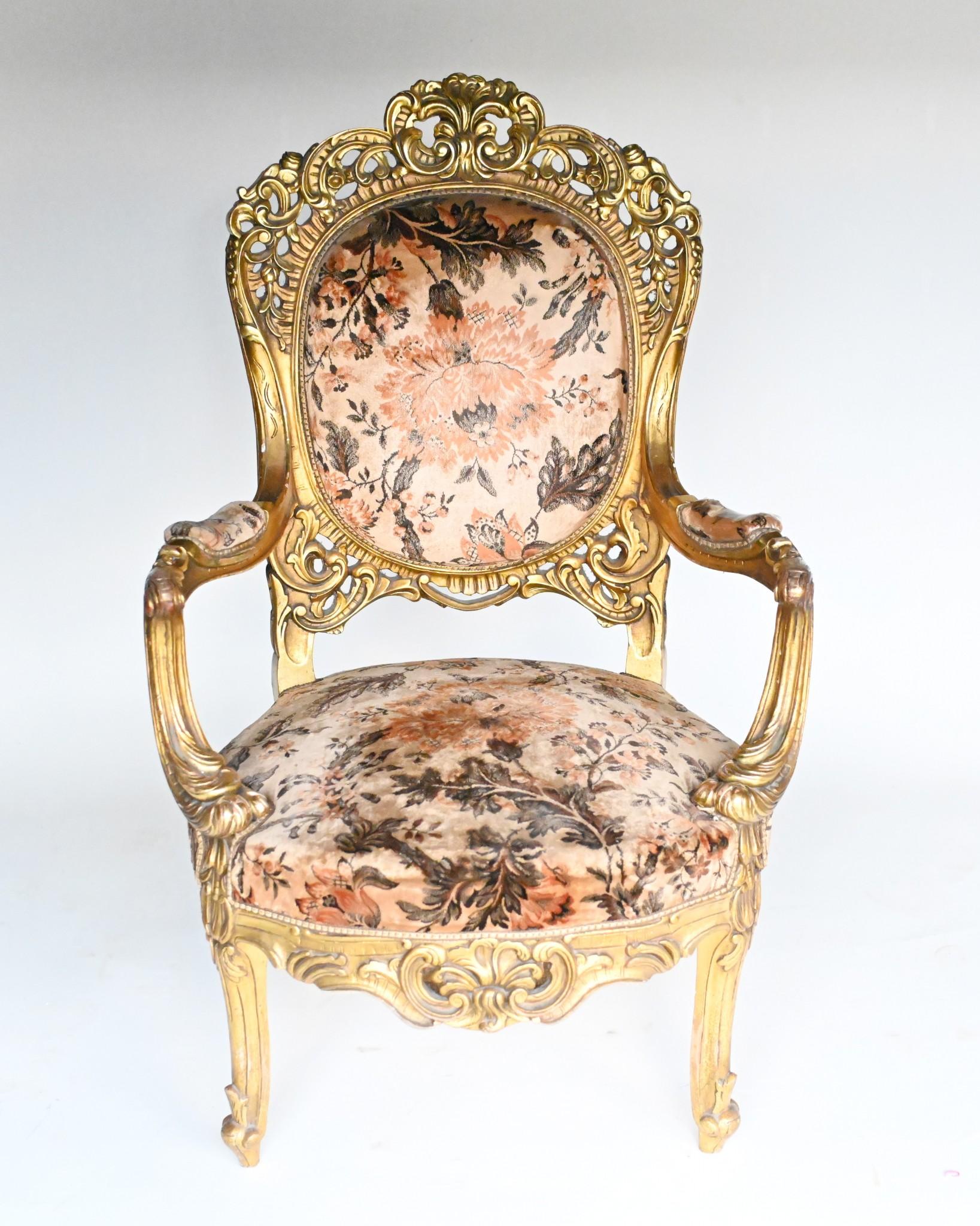 Wood Pair French Salon Chairs Art Nouveau Gilt Fauteuils For Sale