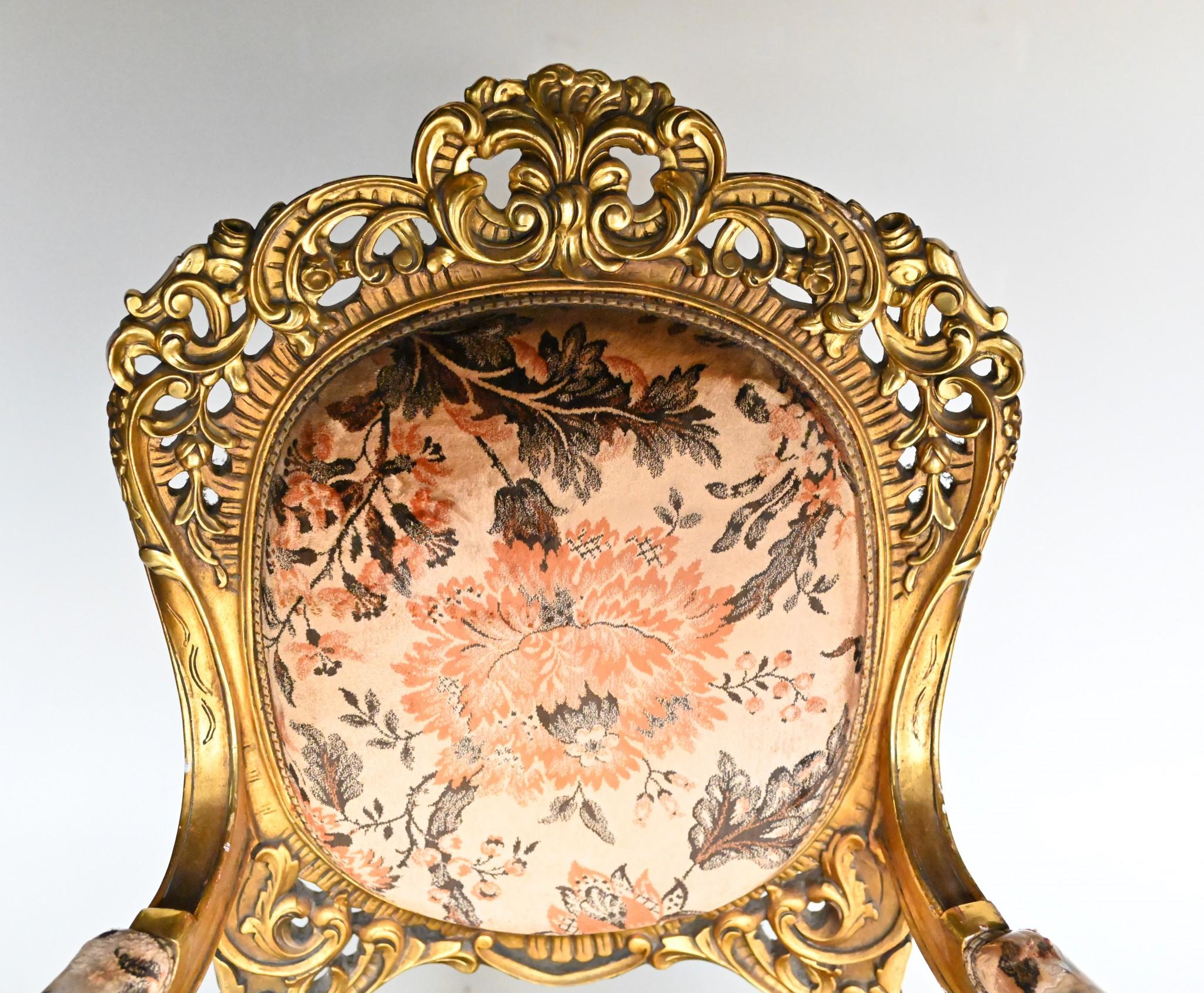 Pair French Salon Chairs Art Nouveau Gilt Fauteuils For Sale 1