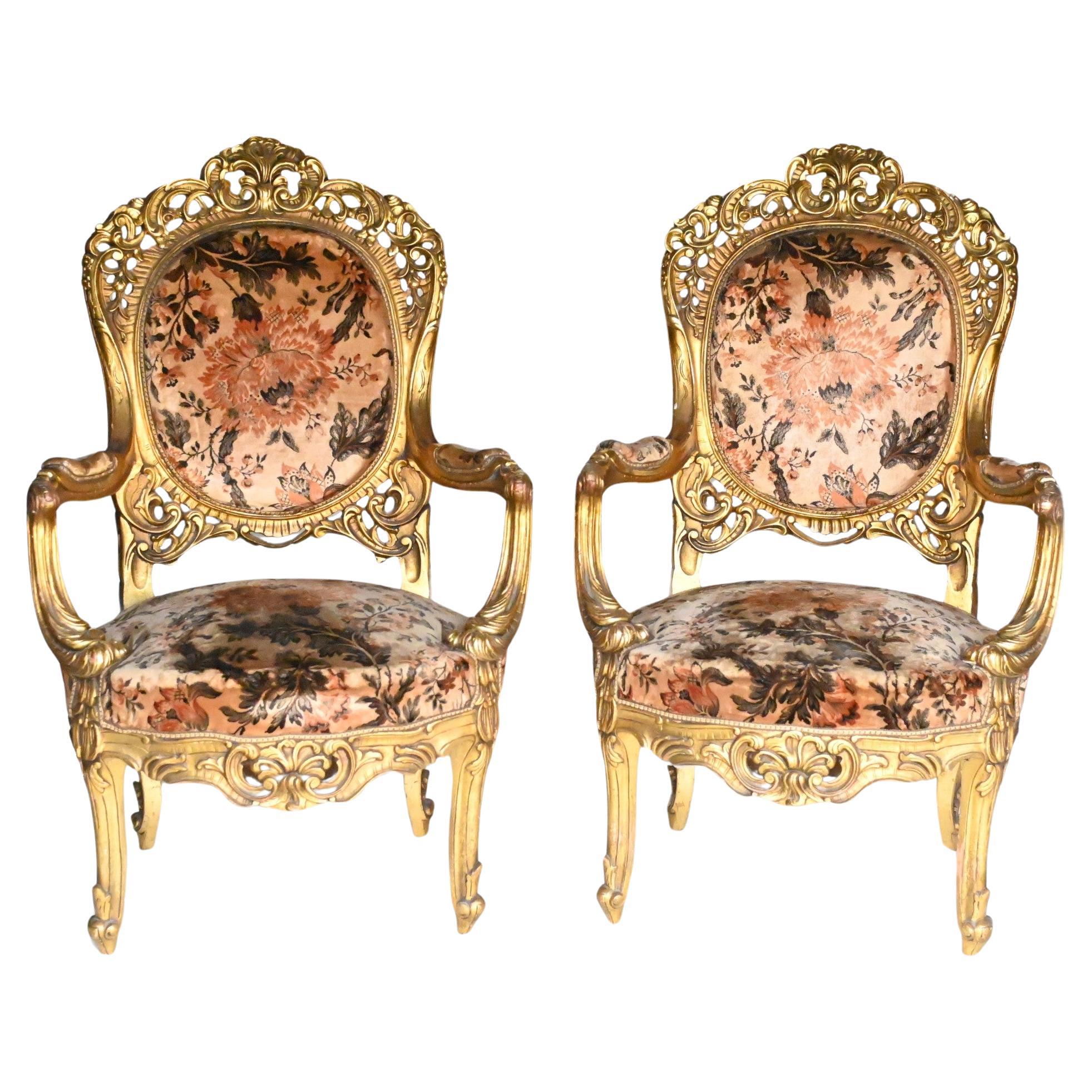 Pair French Salon Chairs Art Nouveau Gilt Fauteuils For Sale